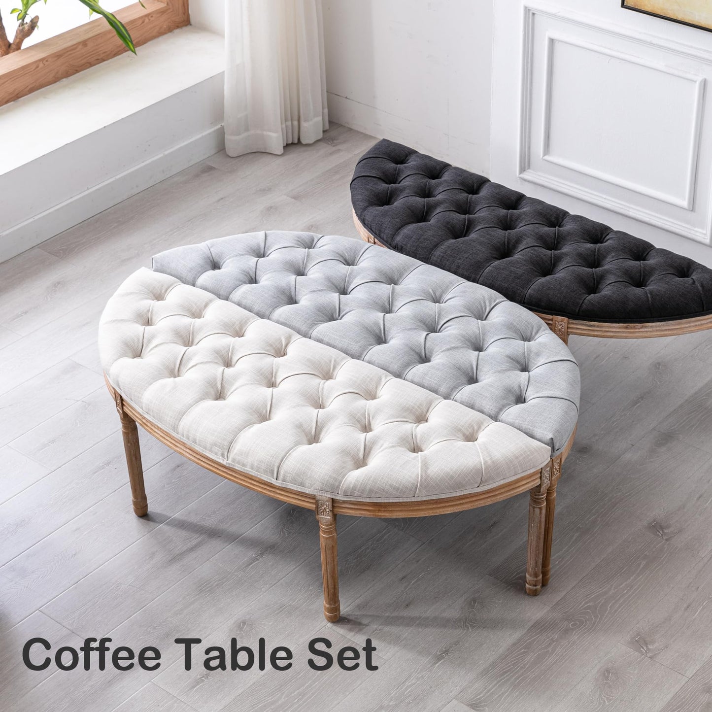 LZAREAL 55" End of Bed Bench Vintage Half Moon Upholstered Fabric Semi-Circle Entryway Bench with Padded Seat & Rubberwood Legs, Tufted Dining Bench for Dining Room Bedroom Living Room Hallway, Grey