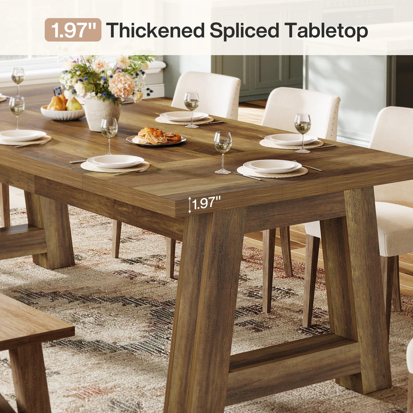 Tribesigns 70.5'' Long Dining Table for 6-8, Farmhouse Wooden Kitchen Table with Sturdy Legs, Large Rectangle Dinner Furniture for Home, Dining Room, Brown