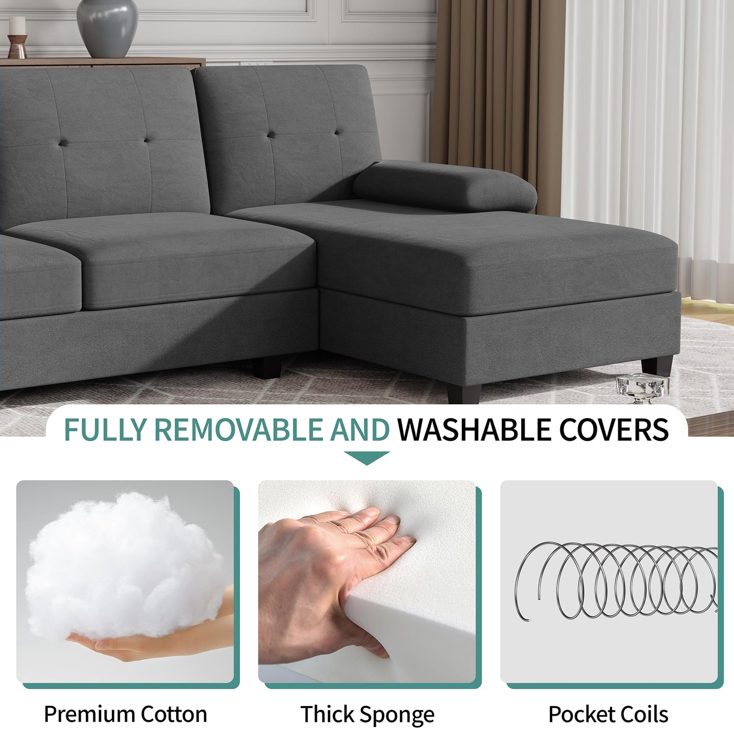 JAMFLY Sectional Sofa Couches for Living Room, U Shaped Sofa Living Room Furniture Sets, 4 Seat Modular Sectional Couch with Chaise, Black Grey