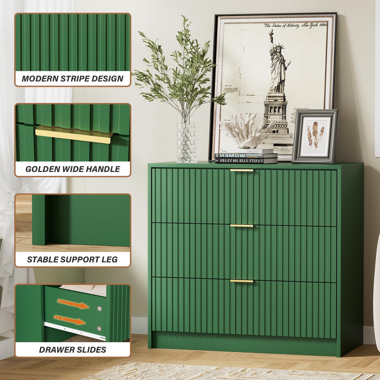 Furniway Green Dresser for Bedroom, Modern Dresser with 3 Drawers and Smooth Slides, Wide Chest of Drawers with Golden Handles for Bedroom, Living Room, Closet, 15.7" D x 31.5" W x 29.6" H