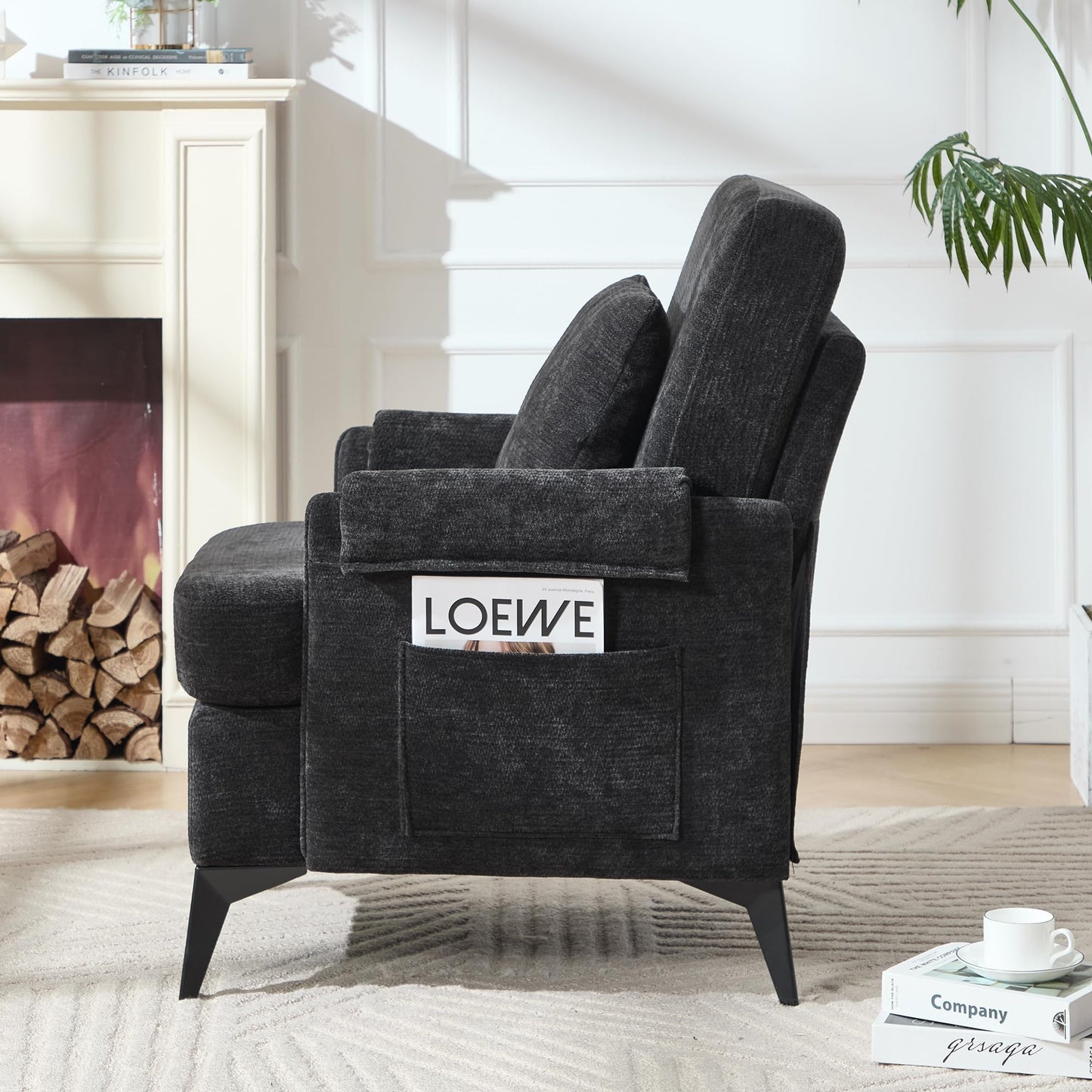 KCC Mid-Century Accent Chairs Set of 2,Chenille Modern Upholstered Living Room Chair,Cozy Armchair with Back for Bedroom/Office/Cafe,Black