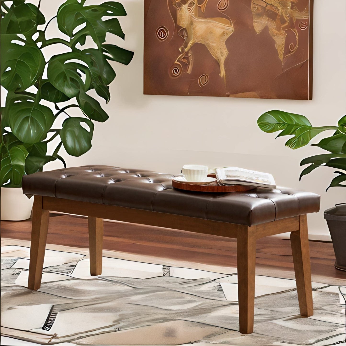 HUIMO Button-Tufted Bench for End of Bed, Entryway Bench with Upholstered Linen Fabric, Ottoman Bench for Living Room,Dining Bench for Kitchen(Brown)