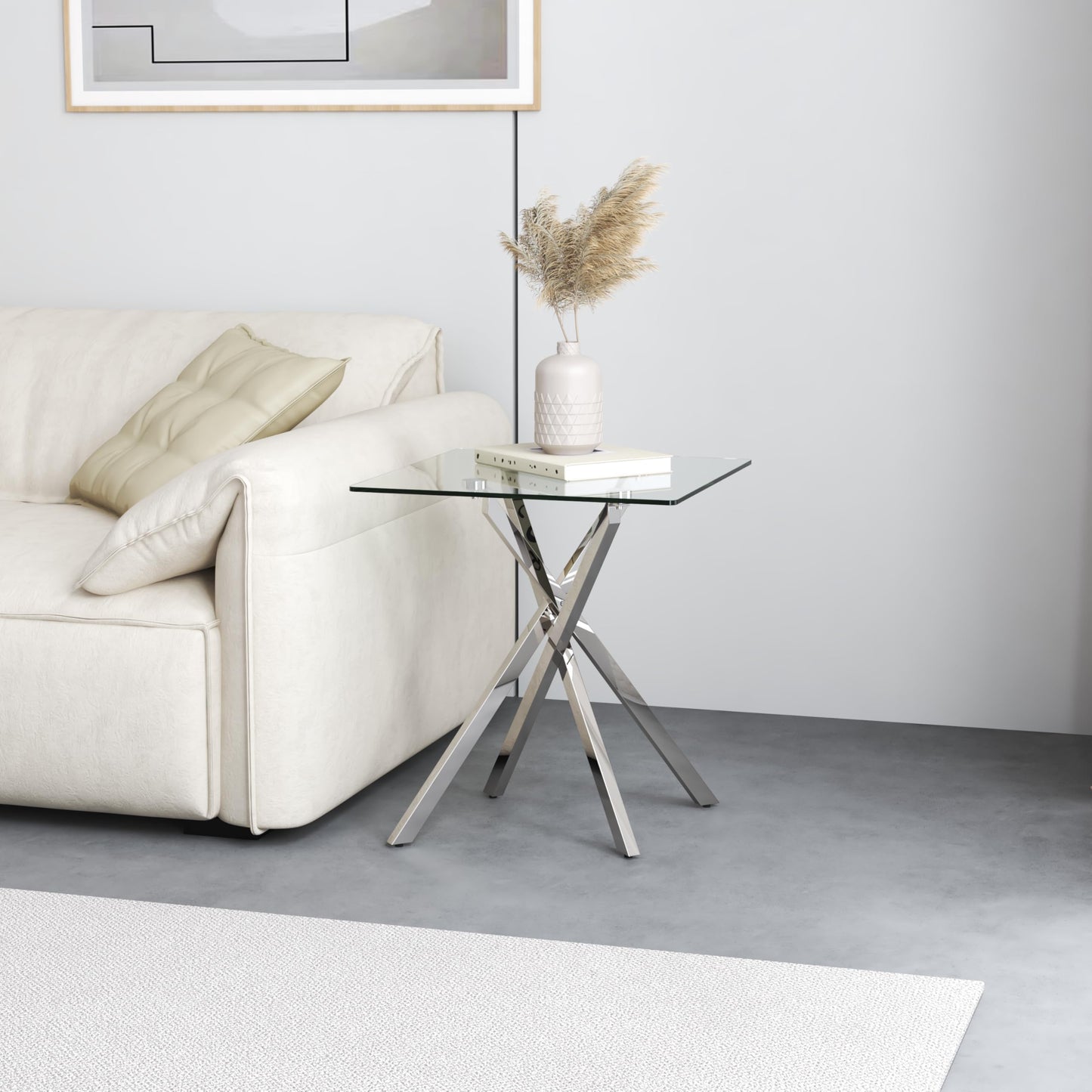 NIERN Small Side Coffee Table Set of 2 with Chromed Legs, Tempered Glass Square Modern End Table for Living Sofa Room Home Office (2 Pieces, Silver, 19.68"×19.68"×21.65")
