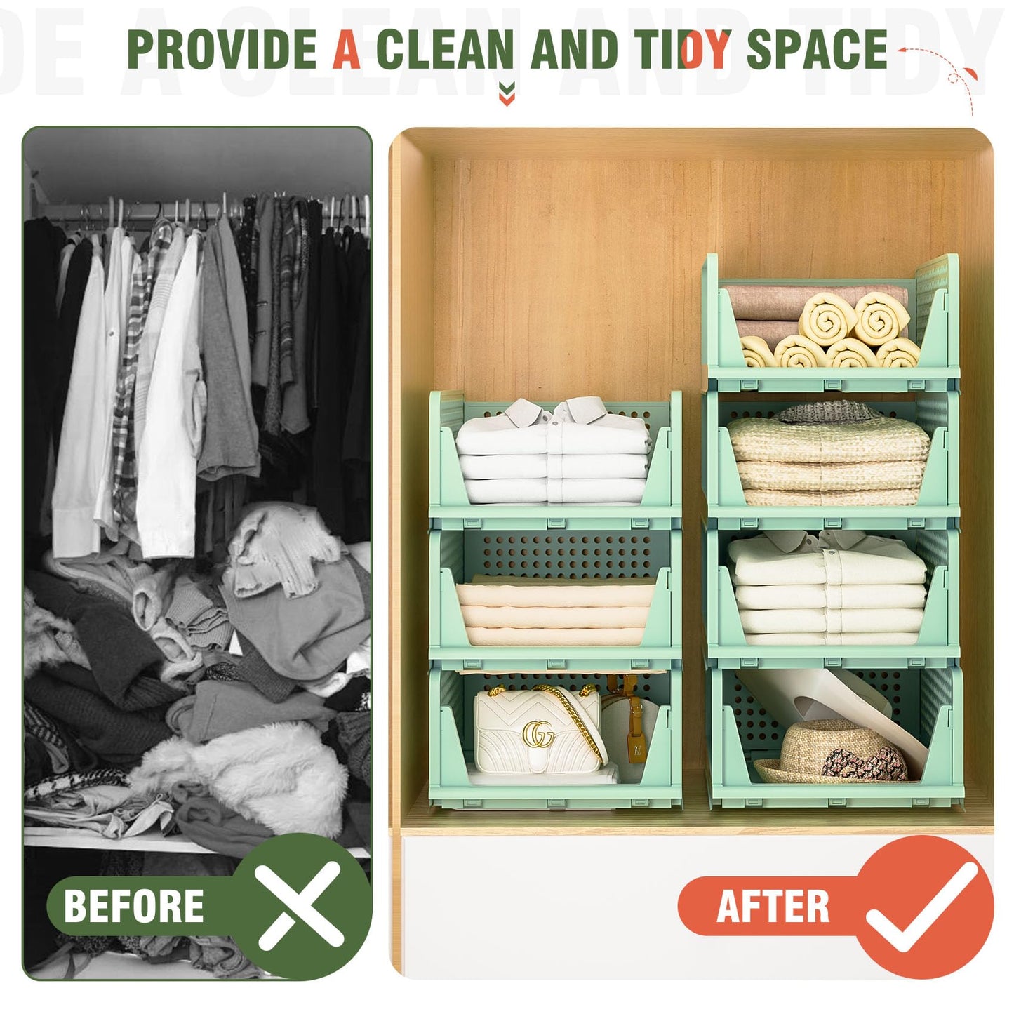 Neprock Closet Organizers - 5 Pack Folding Plastic Drawer Storage for Clothes, Stackable Bins for Closet, Cupboard, RV Bathroom (5L Green)