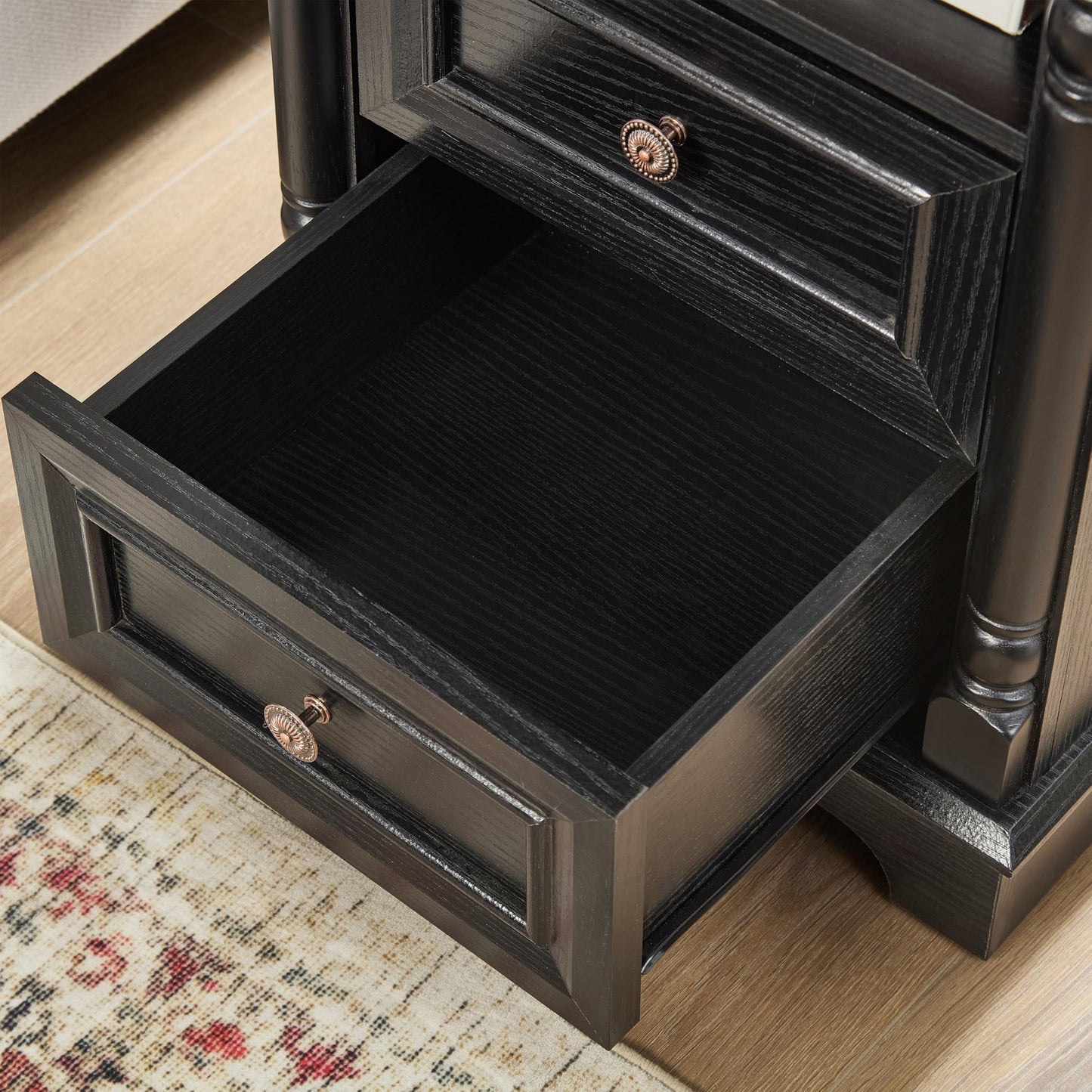 OKYCI Modern Nightstand Set of 2 with Charging Station, 3 Drawer Bedside Tables Set with Roman Column Design, Wood End Tables Set of 2 for Bedroom, Black