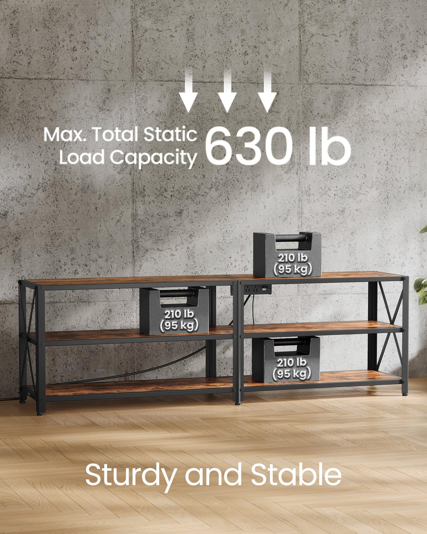 VASAGLE TV Stand with Power Outlets and LED Lights, for TVs up to 65 Inches, Entertainment Center with Open Storage Shelves, TV Console Table for Living Room, Rustic Brown and Ink Black ULTV118K01