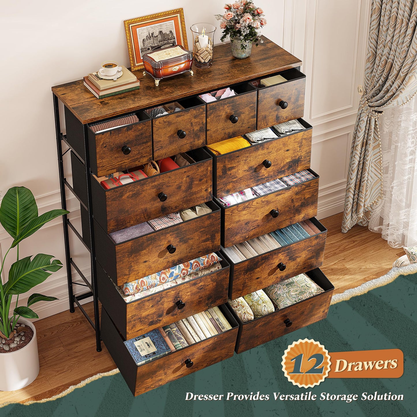 Romorgniz Tall Dressers for Bedroom with 12 Drawers, Fabric Storage Dressers & Chests of Drawers, Sturdy Metal Frame, Wood Top, Closet, Entryway, Bedroom Furniture (Rustic Brown)