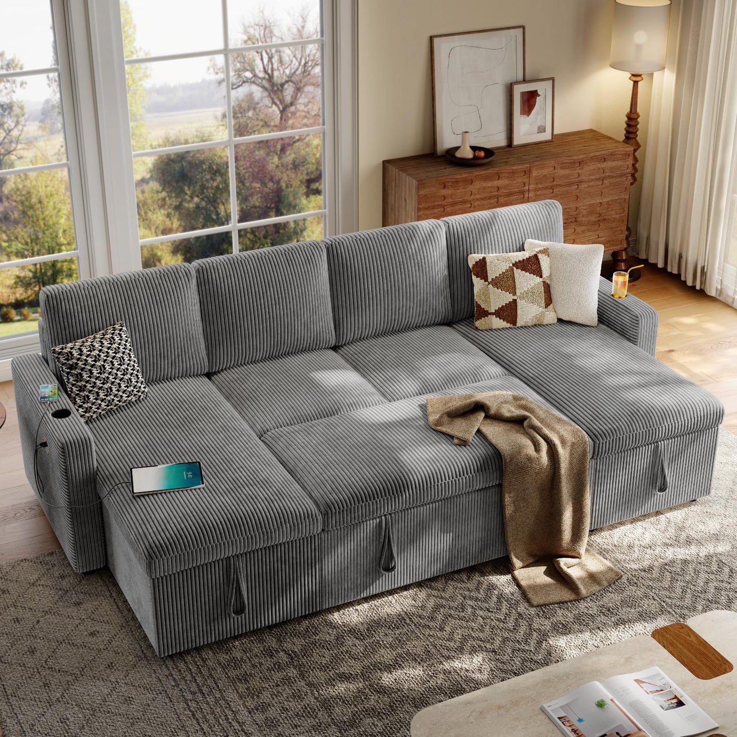 ONBRILL Sleeper Sofa with Pull Out Couch Bed,U Shaped Convertible Modular Sectional Couch with Double Storage Chaise,Couches for Living Room,Corduroy,Grey