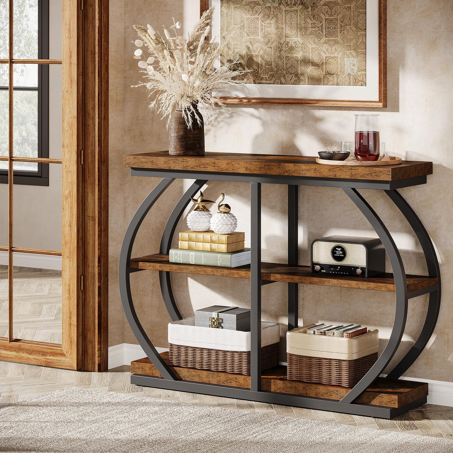 Tribesigns 41.3" Console Table, Industrial 3-Tier Entryway Table with Arched Metal Frame and Storage Shelves for Living Room, Hallway, Rustic Brown
