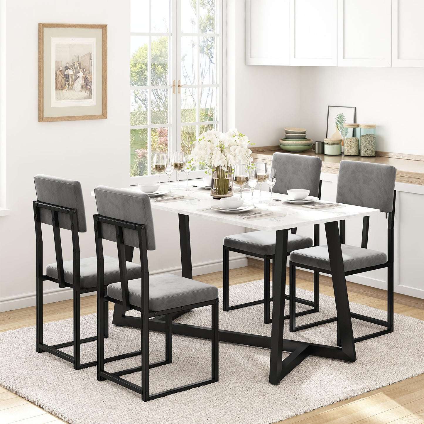 HUGROVE 5-Piece Dining Set, 47.24-Inch Faux Marble Dining Table Set for 4, Modern Minimalist Kitchen & Dining Room Set with Velvet Upholstered Chairs for Small Spaces, Apartments (Charcoal)