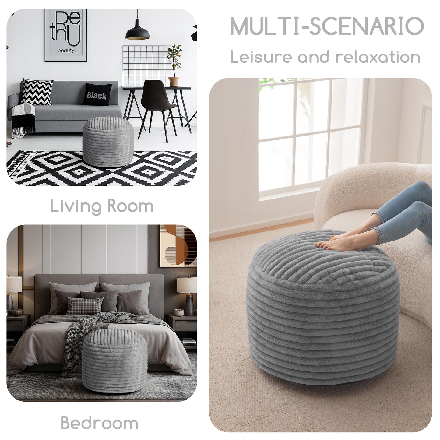 HIGOGOGO Round Stuffed Pouf Ottoman, Stripe Faux Fur Poufs with Foam Chunk Filling, Furry and Fluffy Pouf Foot Stool Storage Ottoman, 20 X 15 Floor Poufs Foot Rest for Living Room, Grey