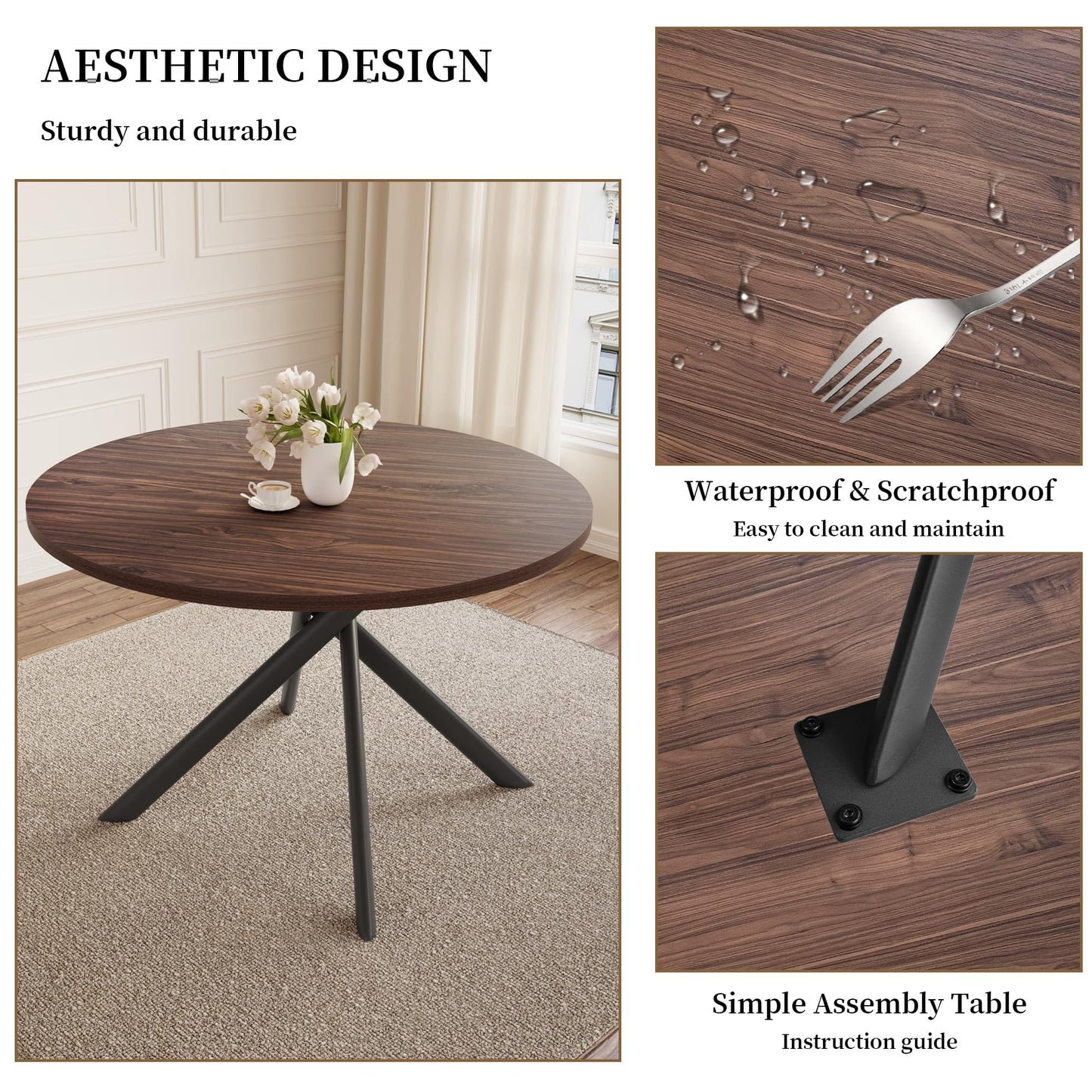 HIPIHOM 45.3 Inch Round Dining Table Set for 4, Mid Century Modern Small Coffee Set for Dining Room Kitchen Apartment (Walnut Table + 4 U-Shaped Black Chairs)