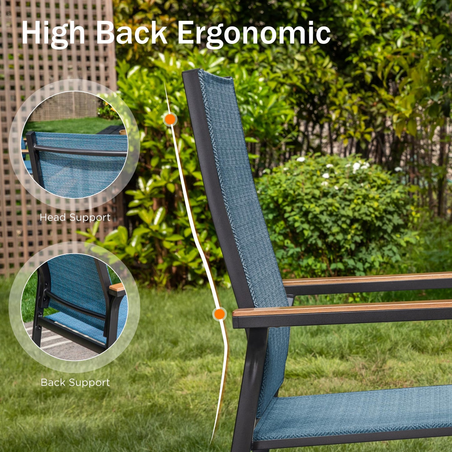 PHI VILLA Outdoor Stackable Chairs, Patio Chairs Set of 2, Light Weight Aluminum Frame with Textilene Fabric & Wood Armrest, High Back Deck Chairs for Poolside Lawn Garden, Blue