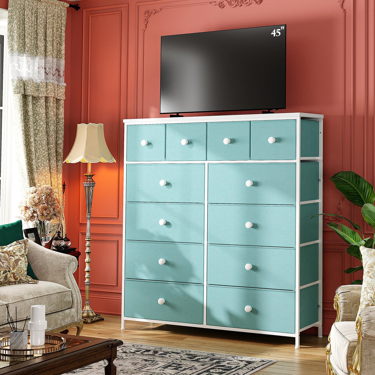 Romorgniz Tall Dressers for Bedroom with 12 Drawers, Fabric Storage Dressers & Chests of Drawers, Sturdy Metal Frame, Wood Top, Closet, Entryway, Bedroom Furniture (Turquoise)