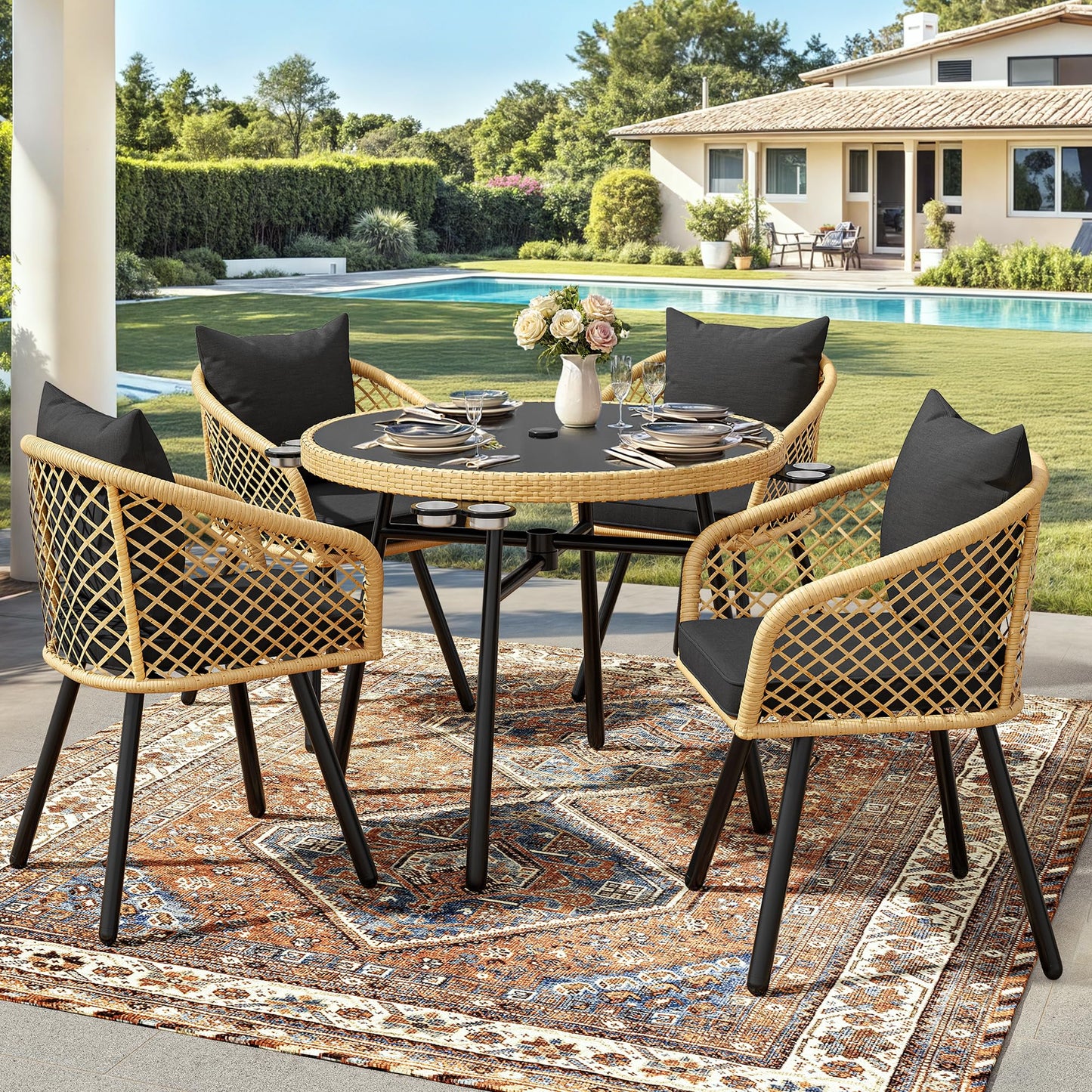 YITAHOME 5 Piece Outdoor Dining Set w/Padded Cushions, Round Patio Table and Chairs with 4 Rattan Chairs, Glass Top Dining Table & Cup Holders for Patio, Backyard, Garden, Porch, Light Brown & Black