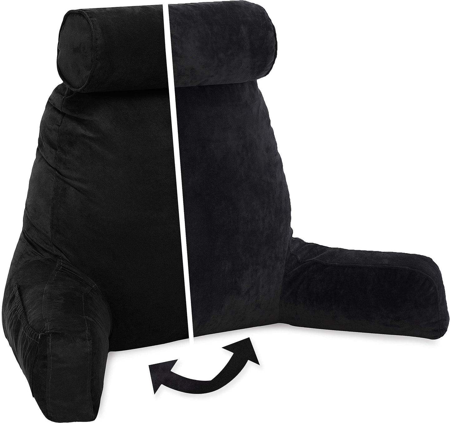 Husband Pillow XXL Aspen Edition, Adult Reading Sit Up Bed Rest Pillow for Bed with Arms & Neck Roll on Bungee Cord - Premium Memory Foam - Reversible 2 Sided Cover Micro Suede or Plush, Stable Black