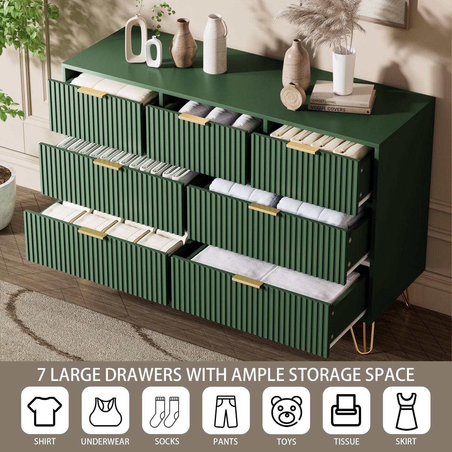Furniway Dresser for Bedroom, Fluted Modern Dresser with Gold Pulls and 7 Drawers, 15.7" D x 47.2" W x 31.4" H, Green