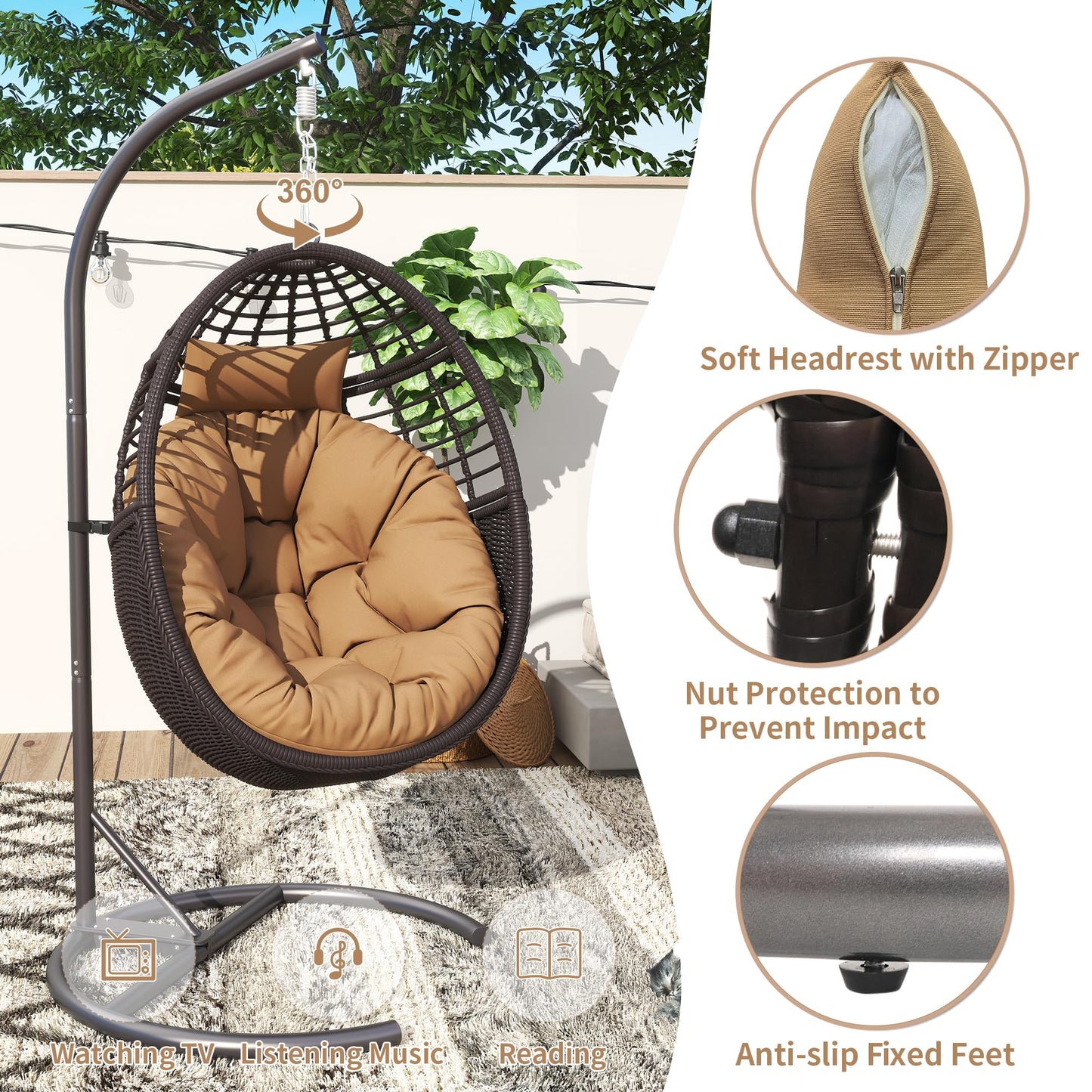 TWT Hanging Egg Chair with Stand, 330lbs Capacity Patio Wicker Egg Swing Chair with UV Resistant Cushion for Bedroom Garden Indoor Outdoor (Dark Brown)