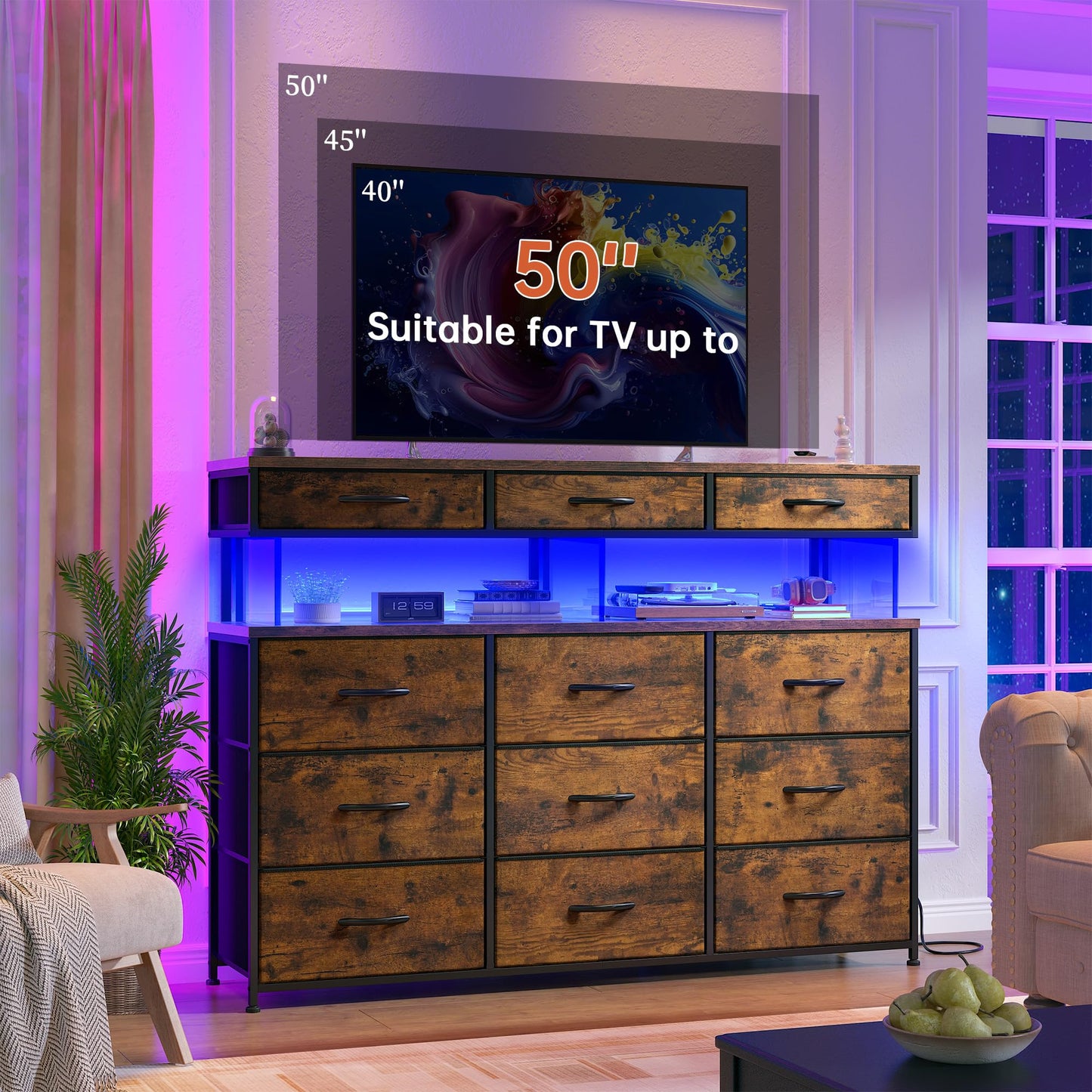 Dresser for Bedroom with 12 Drawers, Dresser with LED & Charging Station, 38.6''H Dressers & Chests of Drawers with with 10mm Sturdy Acrylic Sheet, for Bedroom, Closet, Entryway, Rustic Brown