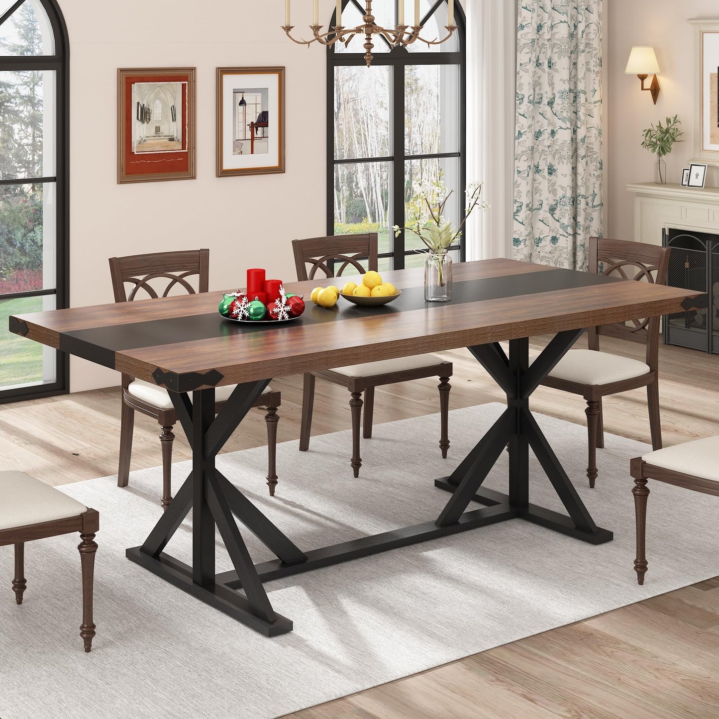 Hlivelood 71 Inch Dining Table for 6 People, Rectangular Kitchen Farmhouse Table W/Thickness Waterproof Wood Tabletop,Long Dining Room Tables W/Wood Strip Base for Kitchen Living Room(Brown&Black)