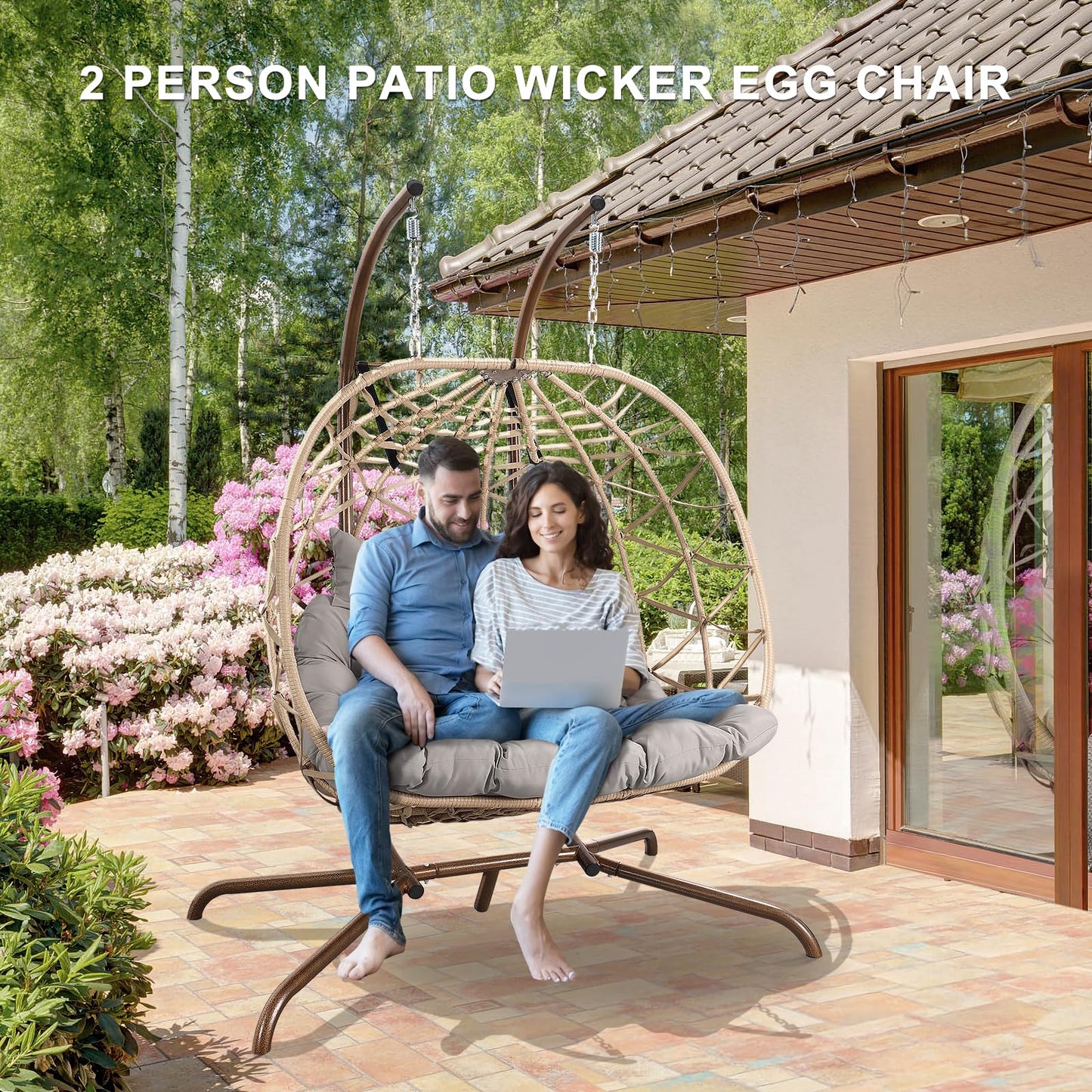 NOBLEMOOD Outdoor Egg Swing Chair with Stand, 2 Person Patio Swing Chairs with Thick Cushions and Pillows, Wicker Double Egg Chair Swing for Indoor Bedroom