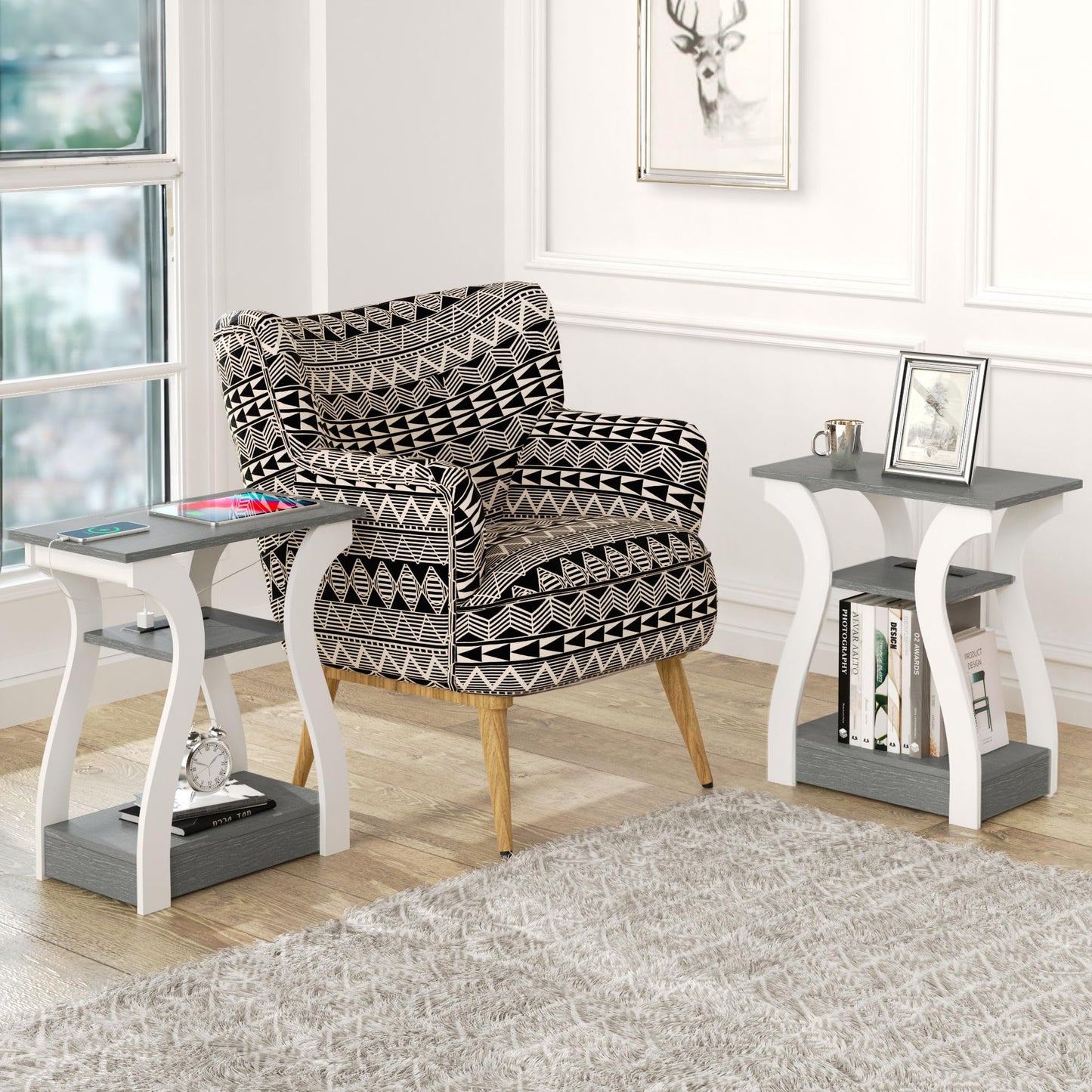 FROMJBEST End Table Set of 2, Side Table with Charging Station, USB Ports and Outlets, 3 Tier Nightstand, Sofa Table for Small Spaces, Beside Table with Storage Shelf for Living Room, Bedroom