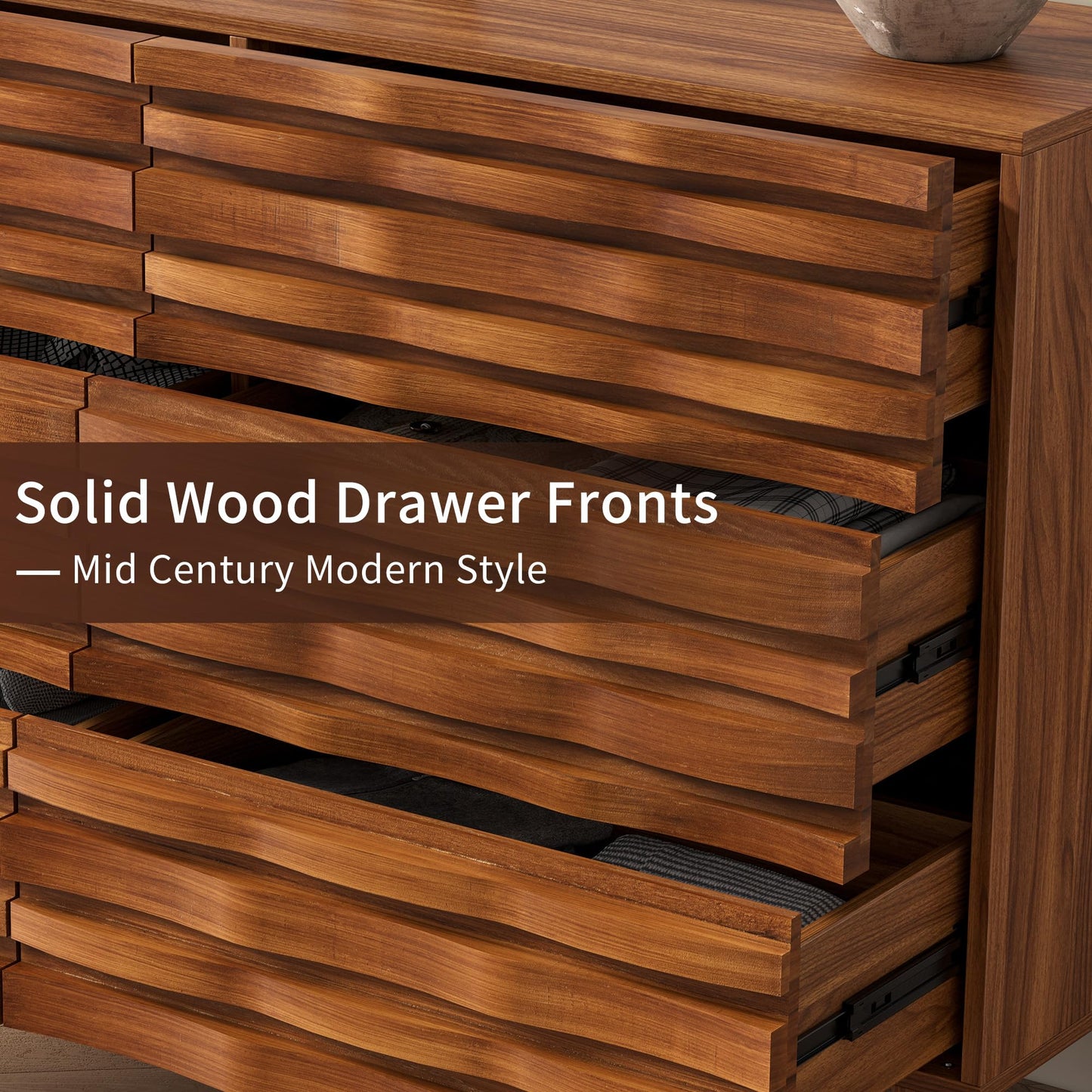 Lamohome Mid Century Modern 6-Drawer Dresser – Solid Wood Fronts, 47" Chest of Drawers with Fluted Design for Bedroom & Living Room, Natural Wood Finish