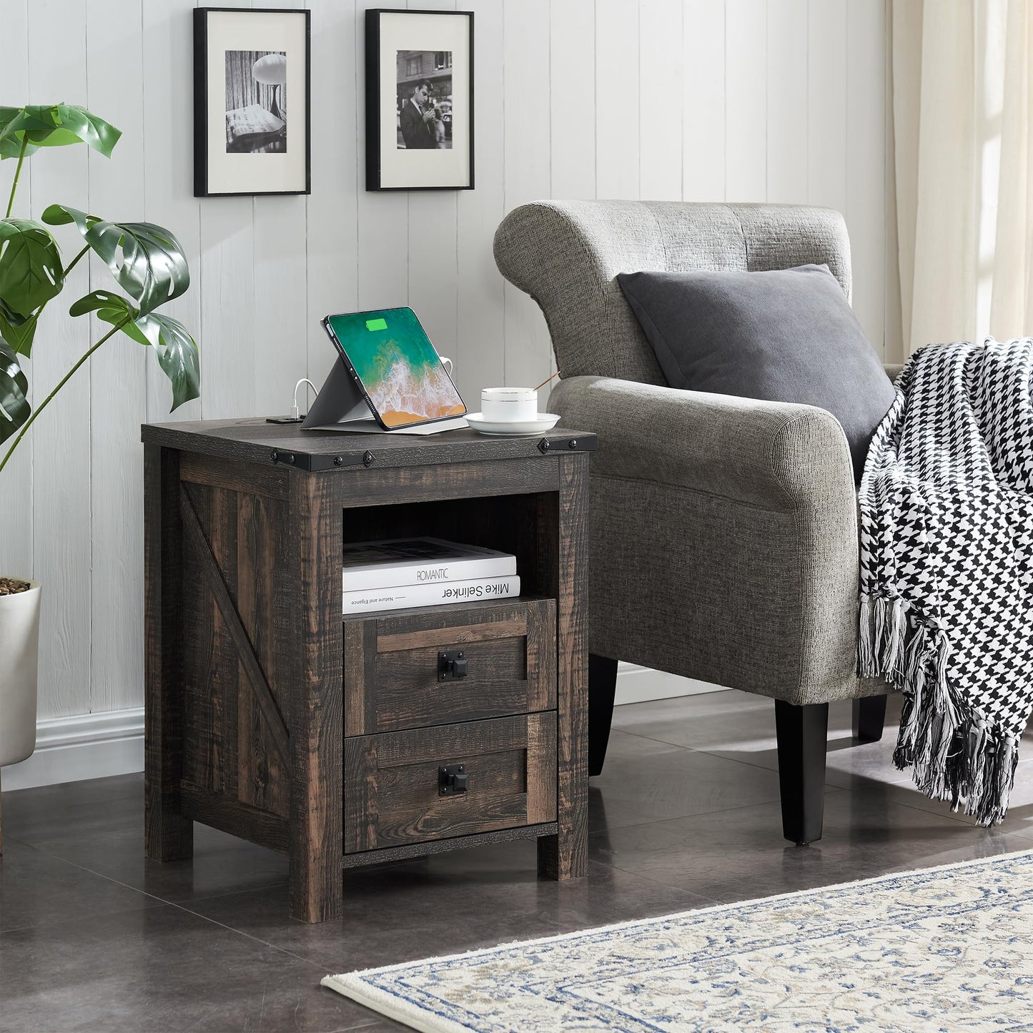 RedLemon Farmhouse Nightstand with Charging Station, Rustic 18 Inch End Table with 2 Storage Drawers and Open Shelf, Wood Sofa Side Table for Bedroom, Living Room (Dark Rustic Oak)