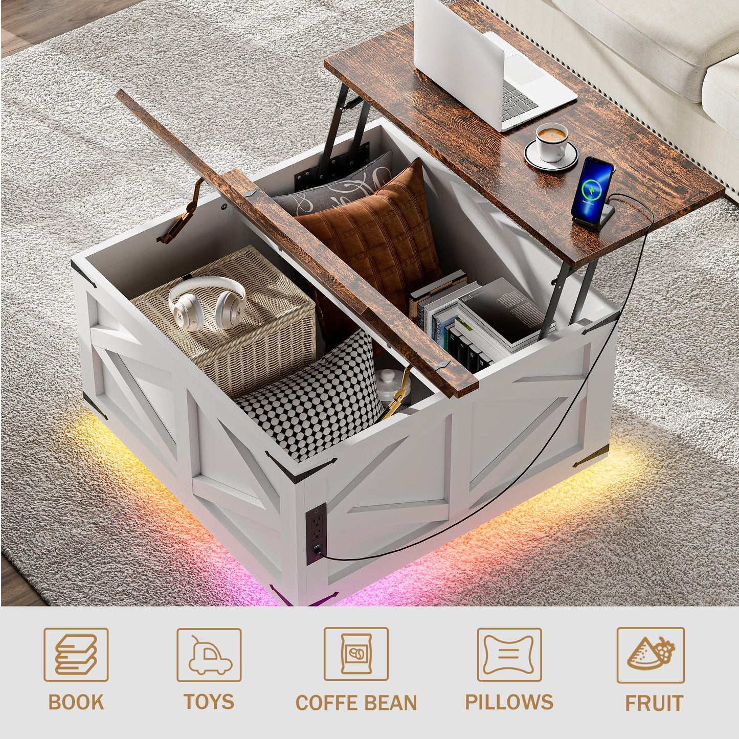 Ztexkee Lift Top Coffee Table with Storage, Farmhouse Coffee Table with Socket and LED Light 31.5" Square Center Table with Large Hidden Storage Compartment for Living Room, Bedroom Brown White