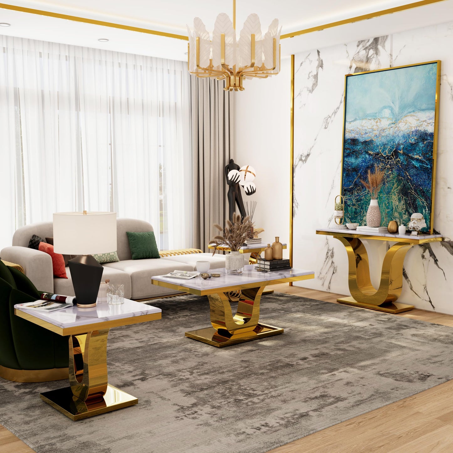 Anewsun Gold Coffee Table, White and Gold Rectangle Living Room Tea Table, Glam 48 inch Coffee Table for Living Room, Guest Hall, Reception Room