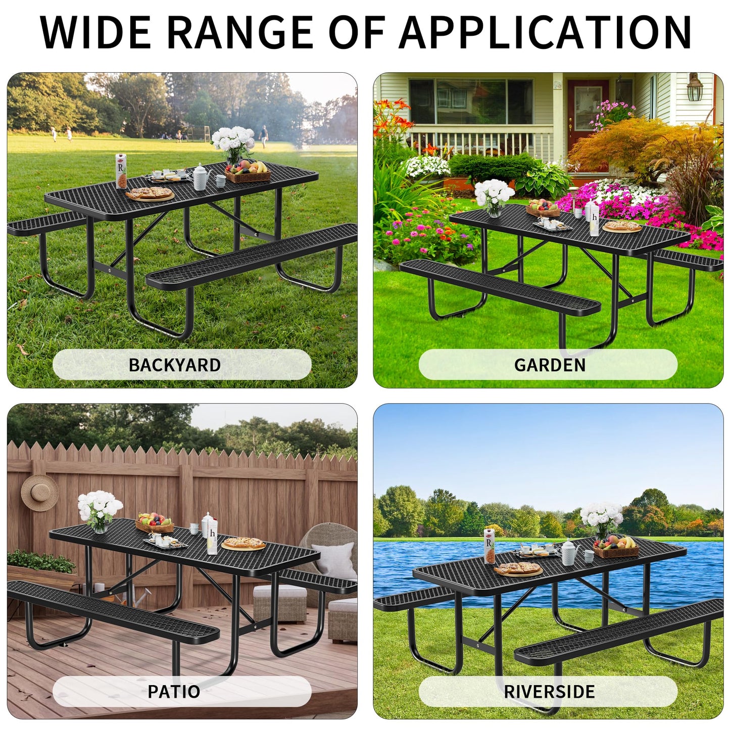 HIMcup 6 FT Metal Picnic Tables for Outside, Outdoor Coated Steel Heavy Duty Commercial Picnic Table with Benches, Patio Table Rectangular Furniture Set for Garden, Lawn, Shops, Parks