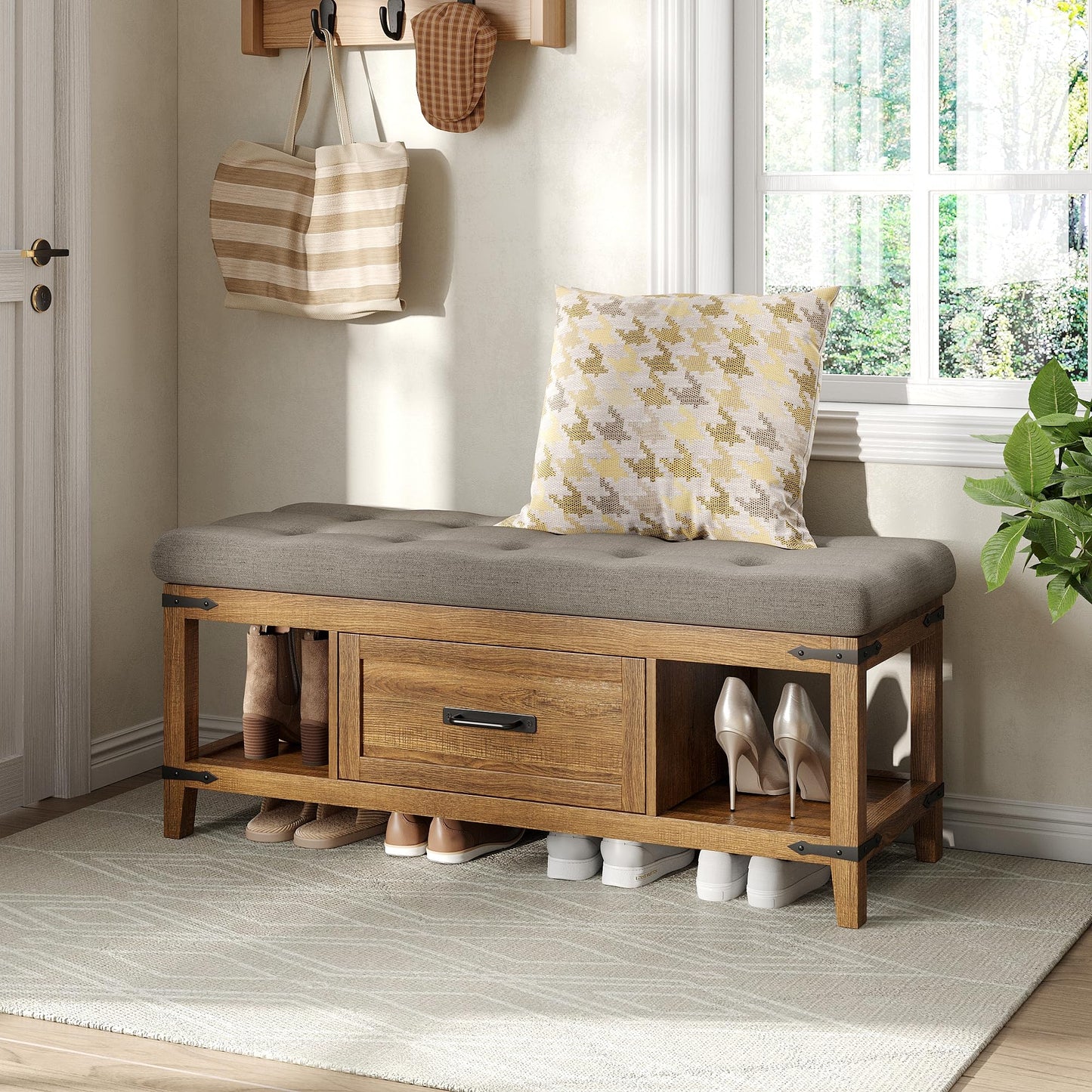 Maupvit Entryway Bench with Shoe Storage, Shoe Rack with Cushion for Living Room, End of Bed Bench for Bedroom, 15.7" D x 43.3" W x 18.1" H