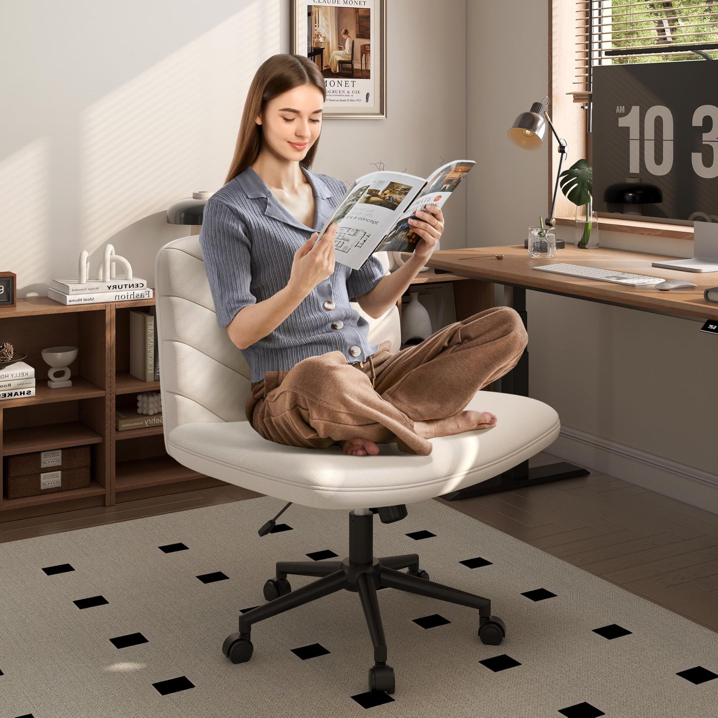Yaheetech Wide Criss Cross Chair with Wheels, Comfy Armless Cross Legged Office Desk Chairs, Swivel Vanity Chair Computer Chairs for Home Office, Beige