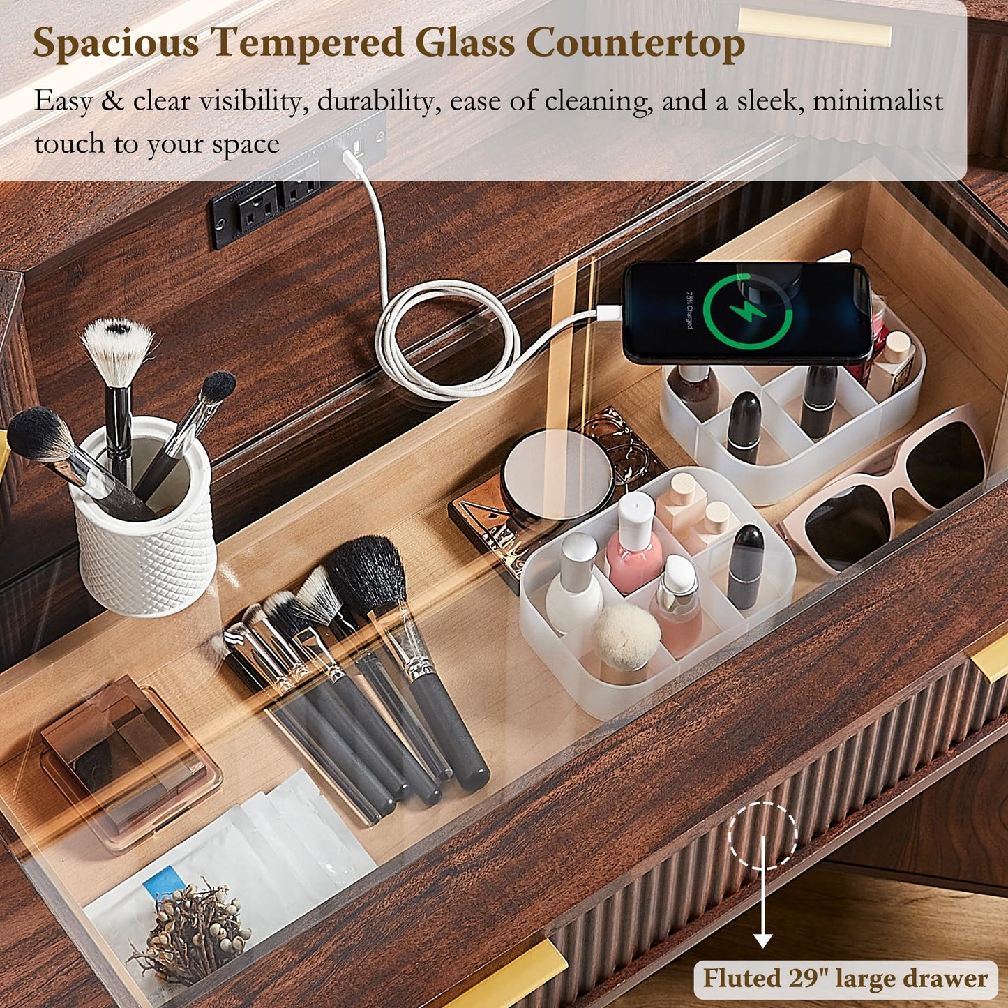 T4TREAM 48" Fluted Makeup Vanity Desk with HD Triple Mirror and Lights, Large Lighted Corner Vanity with Glass Top, Modern Dressing Table with 3 Drawers & 2 Cabinets for Bedroom, Walnut