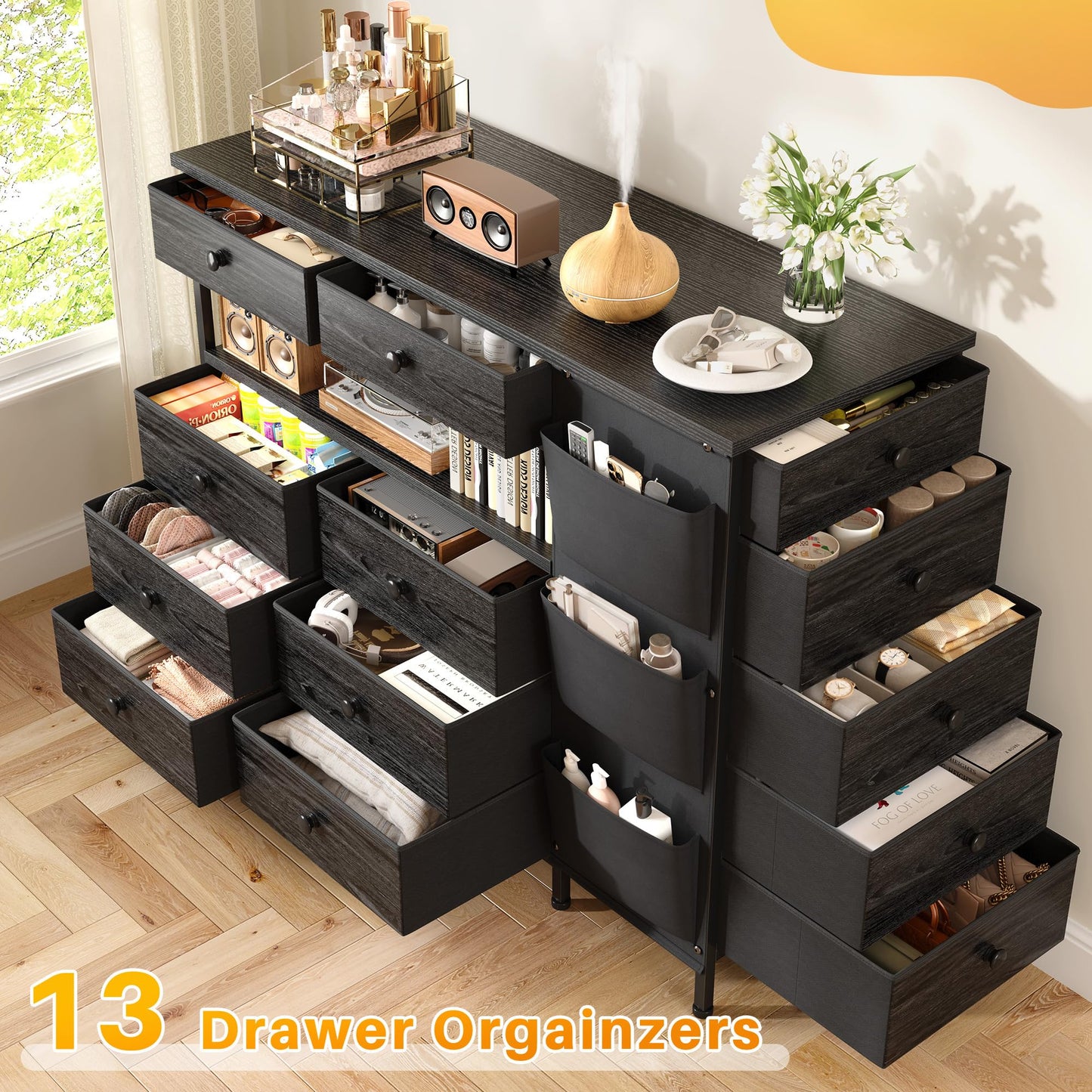 EnHomee Dresser for Bedroom with 13 Fabric Drawers and LED Lights, Closet Island with Side Pocket, Dressers & Chests of Drawers for Bedroom Closet Organizer, Black