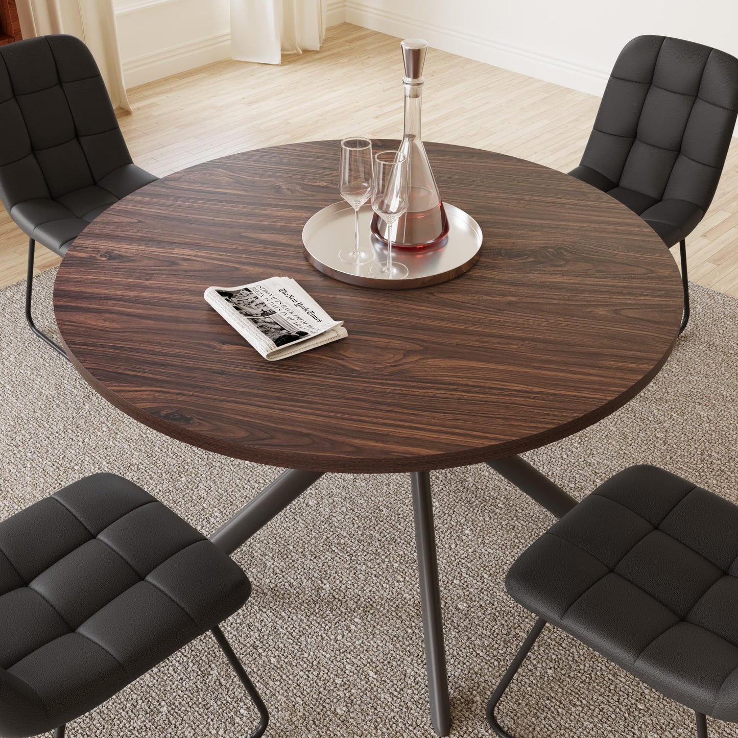 HIPIHOM 45.3 Inch Round Dining Table Set for 4, Mid Century Modern Small Coffee Set for Dining Room Kitchen Apartment (Walnut Table + 4 U-Shaped Black Chairs)