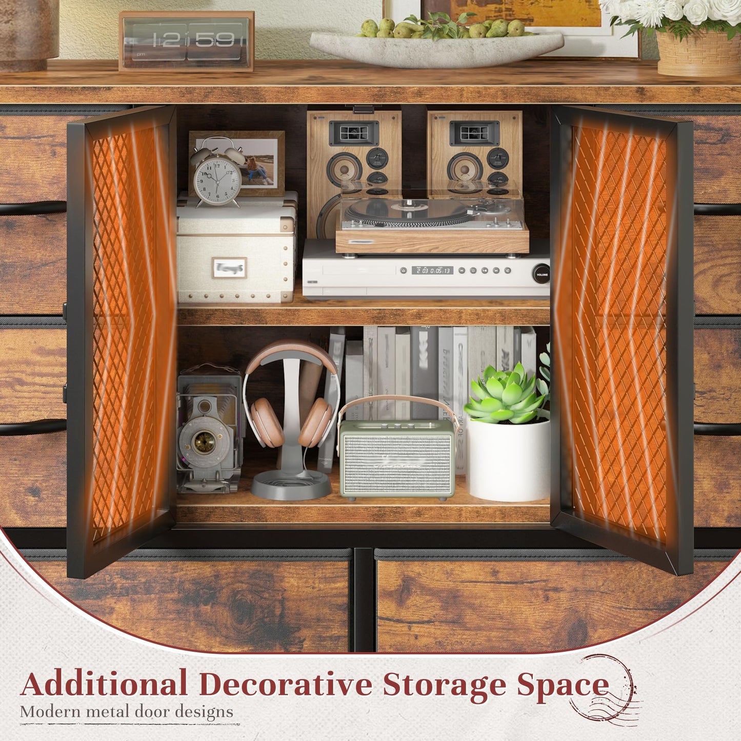 Romorgniz Tall Dressers for Bedroom with 10 Drawers, Chests of Drawers with Large Metal Mesh Door, Closet, Hallway, Rustic Brown 48.2" H x 38.1" W x 11.8" D