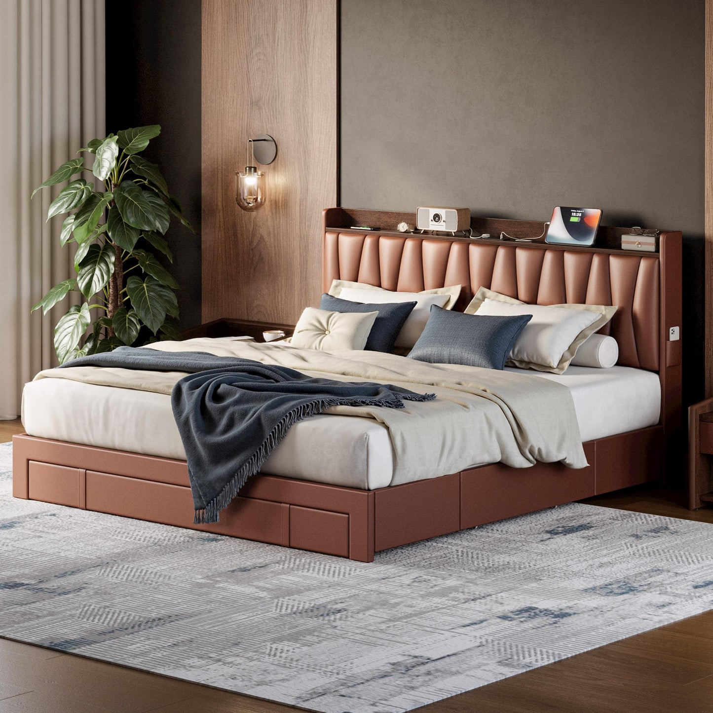 ANCTOR King Bed Frame with 3 Drawers, Storage Headbord with Charging Station, Platform Storage Bed Frame for Bedroom, Living Room, No Box Spring, Faux Leather, Brown