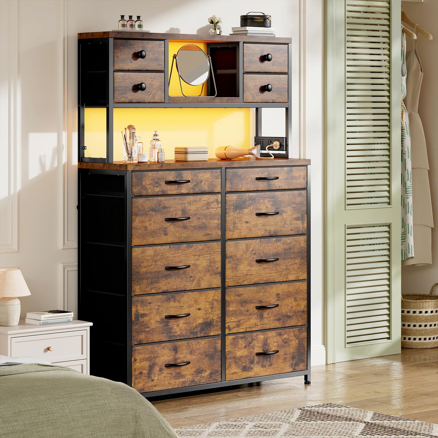EnHomee Tall Dresser for Bedroom with 14 Storage Drawers,Fabric Dresser with Charging Station and LED Lights,Dressers & Chests of Drawers for Bedroom, Steel Frame & Wooden Top,Rustic Brown