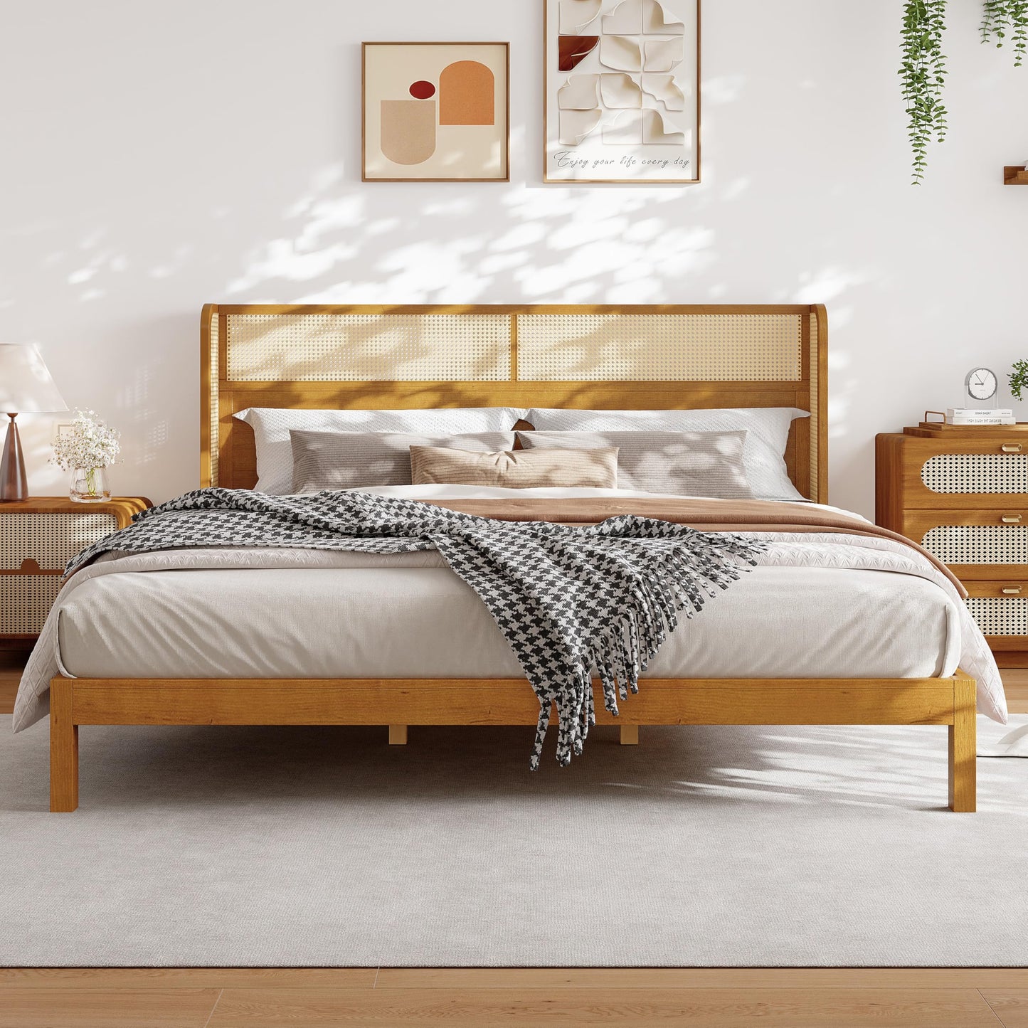 Merax King Size Premium Rubber Wood Platform Bed Frame, with Headboard, Mid Century Modern, Natural