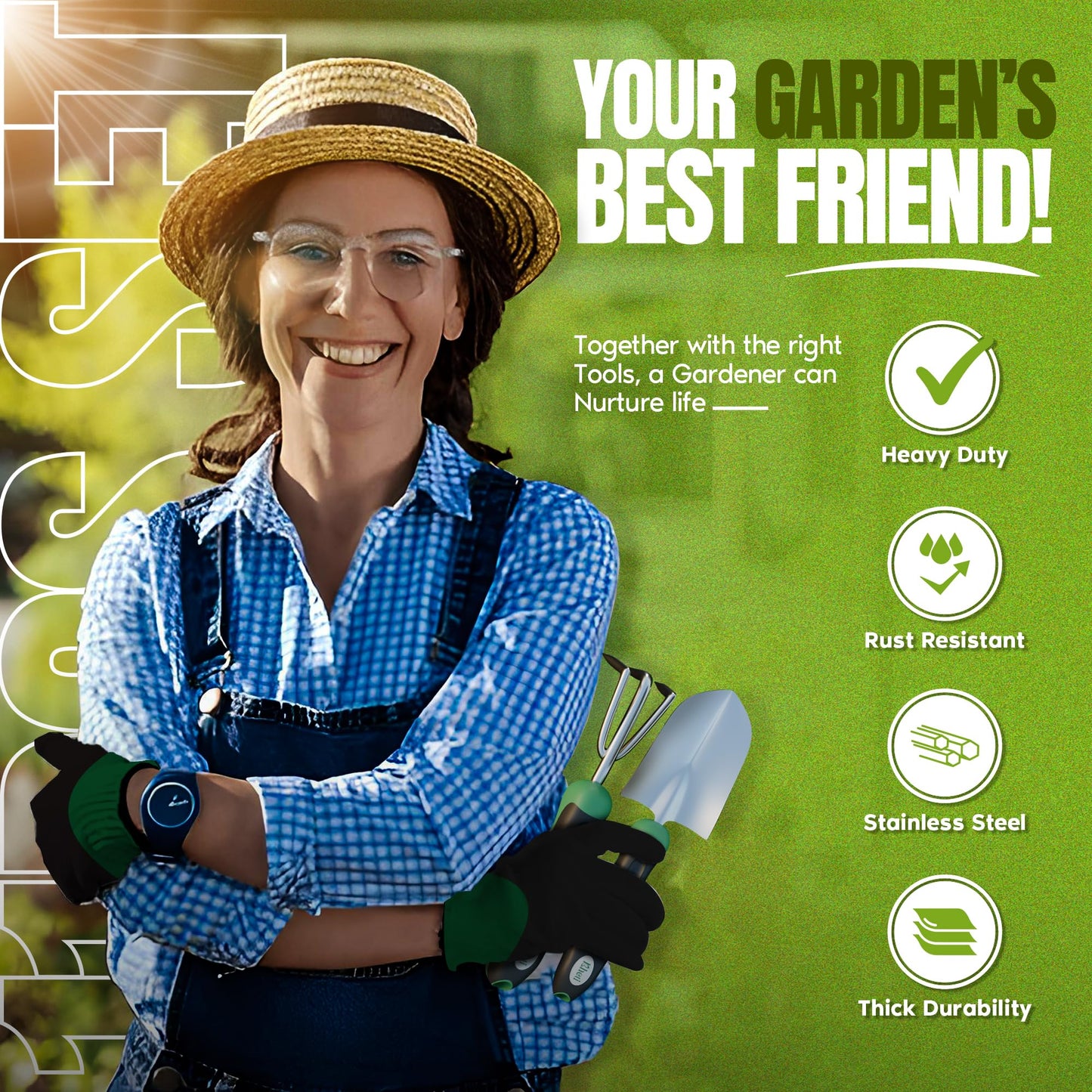 KHETI 𝗡𝗲𝘄𝗲𝘀𝘁 11-Piece Heavy Duty Stainless Steel Garden Tool Set – Includes Spade, Shovel & More, Perfect for Digging & Plant Care, Ideal Gift for Women & Mothers