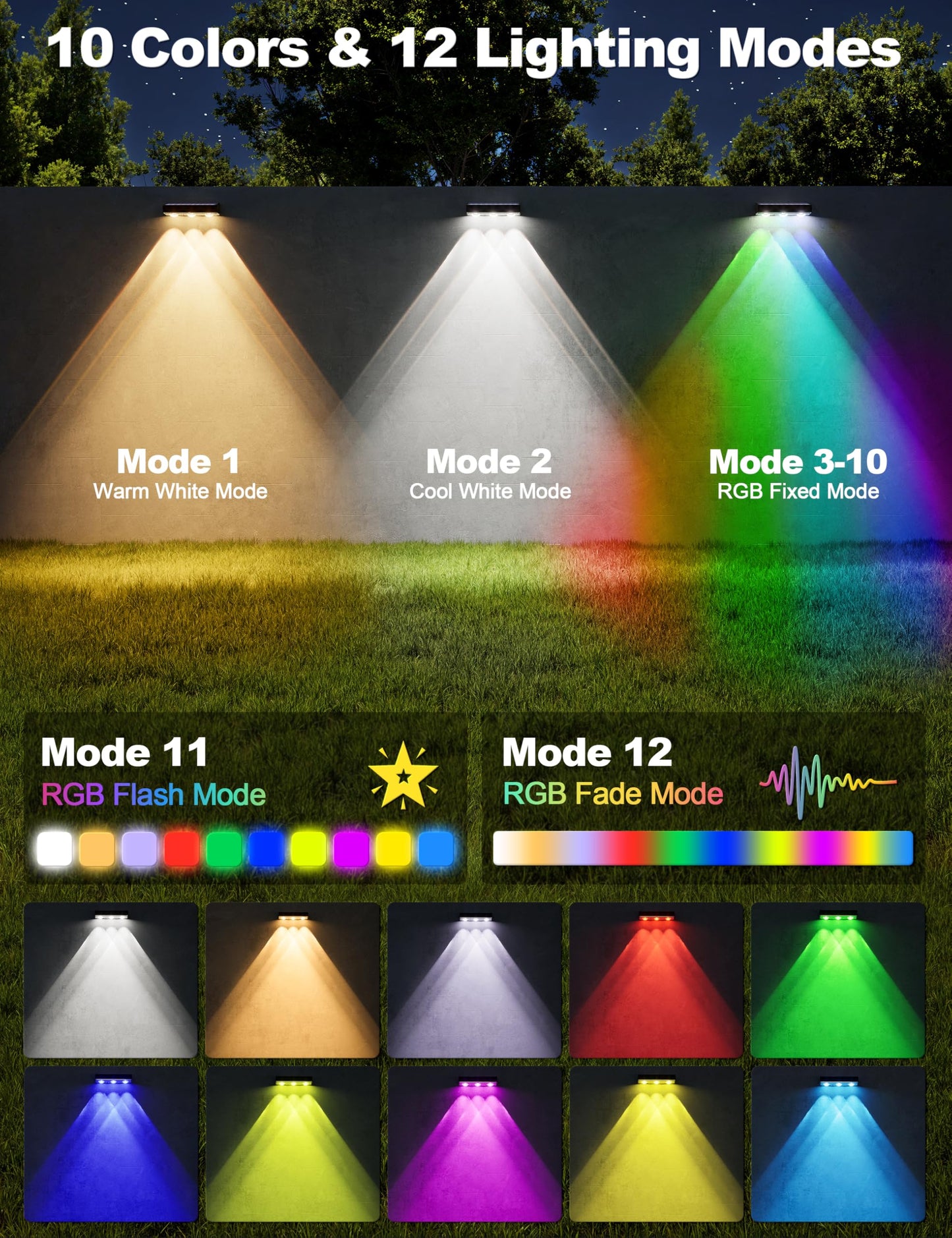APONUO Solar Fence Lights Outdoor Waterproof, Fence Lights Solar Powered, 12 RGB Color Modes & Warm White & Cool White, Fence Solar Light Outdoor for Backyard, Patio, Wall, Deck, Yard（12 Pack, Black）