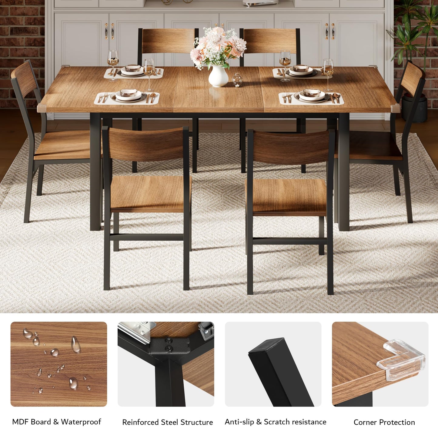 iPormis 7-Piece Dining Table Set with 6 Chairs, 63" Extendable Kitchen Table & Chairs Set for 4-6, Dining RoomTable with Solid Metal Frame & MDF Board, Perfect for Small Space, Easy Assembly, Walnut