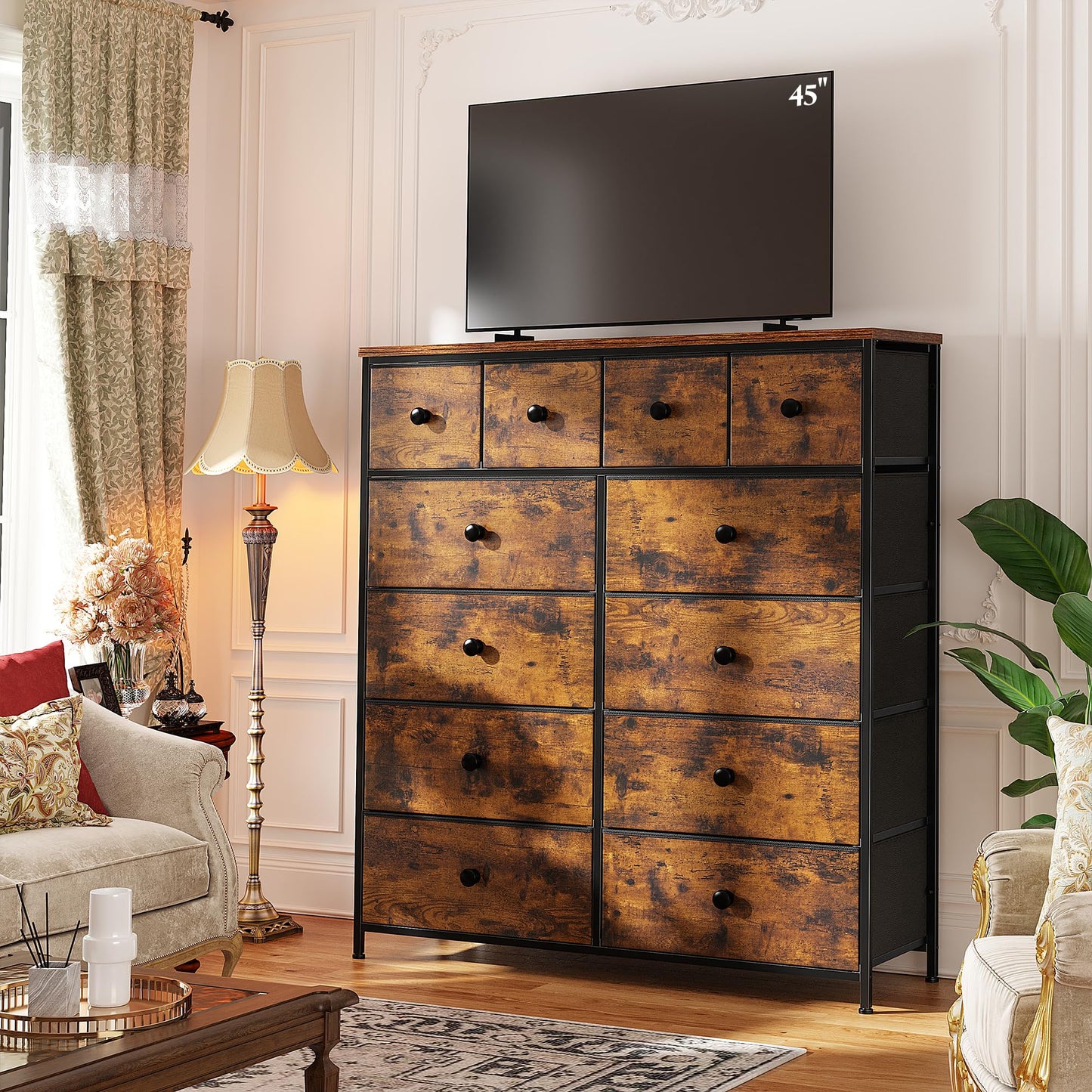 Romorgniz Tall Dressers for Bedroom with 12 Drawers, Fabric Storage Dressers & Chests of Drawers, Sturdy Metal Frame, Wood Top, Closet, Entryway, Bedroom Furniture (Rustic Brown)