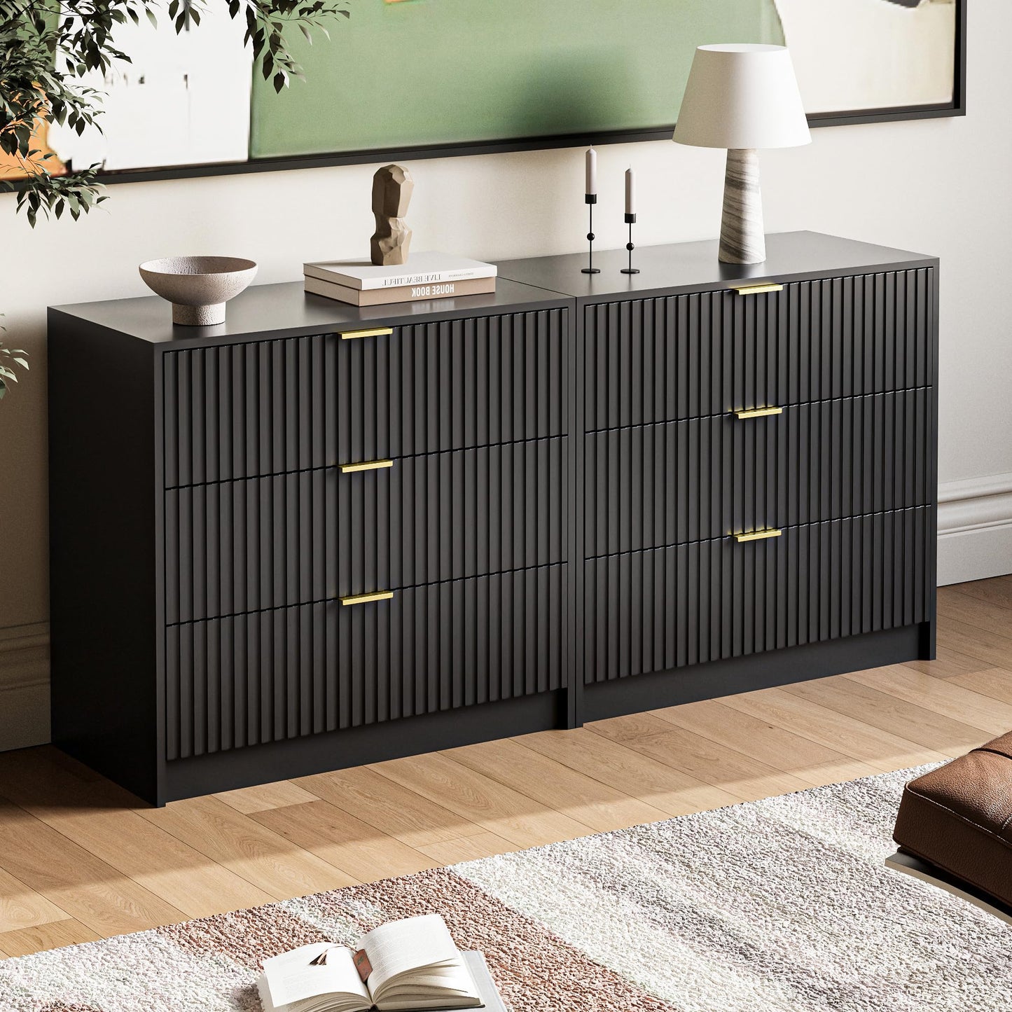 MAISONARIA Black Fluted Dresser for Bedroom, 32 Inch Wide Nightstand with Large Drawer, 3 Drawer End Table for Bedroom, Living Rooms, Offices, and Entryways
