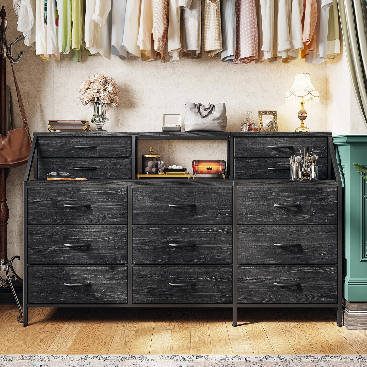 Romorgniz 55" W Black Dresser for Bedroom, Dressers & Chests of Drawers with 13 Fabric Drawers and 2 Extra Open Shelves, Long Vanity Dressers for Bedroom & Closet, Metal Frame & Wooden Top