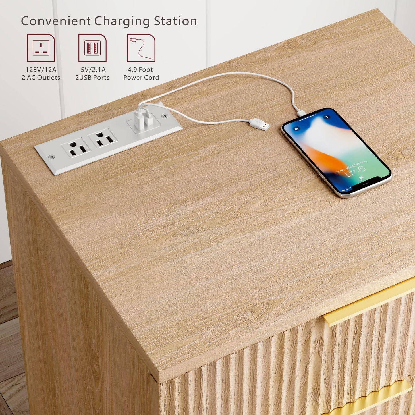 QIPAKA Fluted Night Stand Set of 2 with USB Charging Station, 3-Drawer Dresser Wood Modern Night Stand Bedside Table with Quiet Drawers & Large Storage End Table for Bedroom