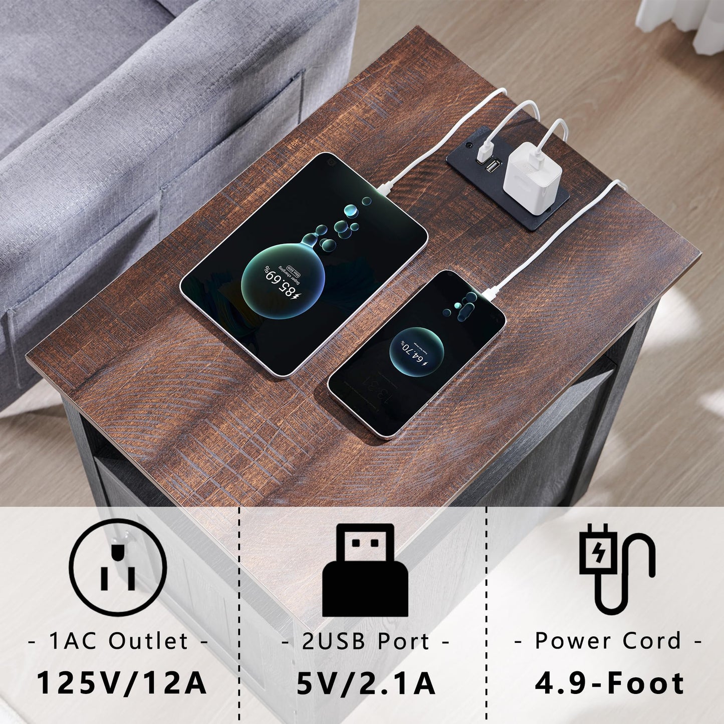 IFGET Farmhouse Nightstand Set of 2, End Table with Charging Station, Rustic Side Table w/Barn Door & Open Shelves, Bedside Table w/Storage Space and Storage Cabinet for Bedroom, Living Room Dark Grey