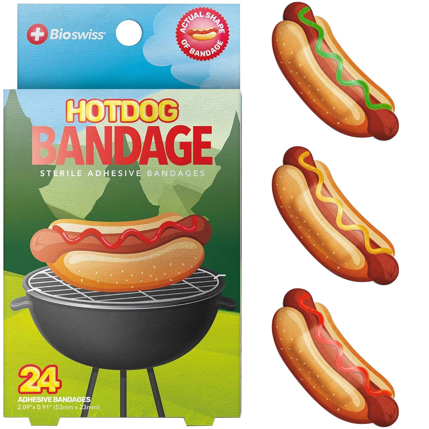 BioSwiss Bandages, Hot Dog Shaped Self Adhesive Bandages, Latex Free Sterile Wound Care, Fun First Aid Kit Supplies for Kids, 24 Count