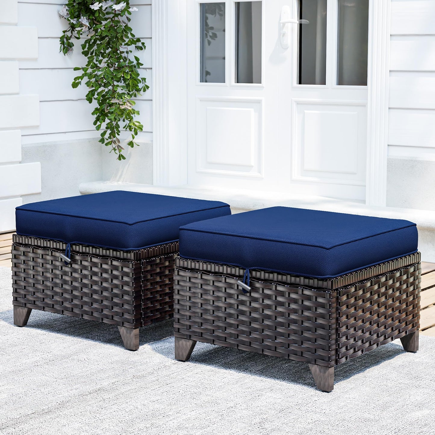 MaxMulti Patio Ottomans Set of 2, Outdoor Wicker Footrest with Thickened Cushions, Outdoor Rattan Ottoman for Porch, Backyard and Deck (Blue)